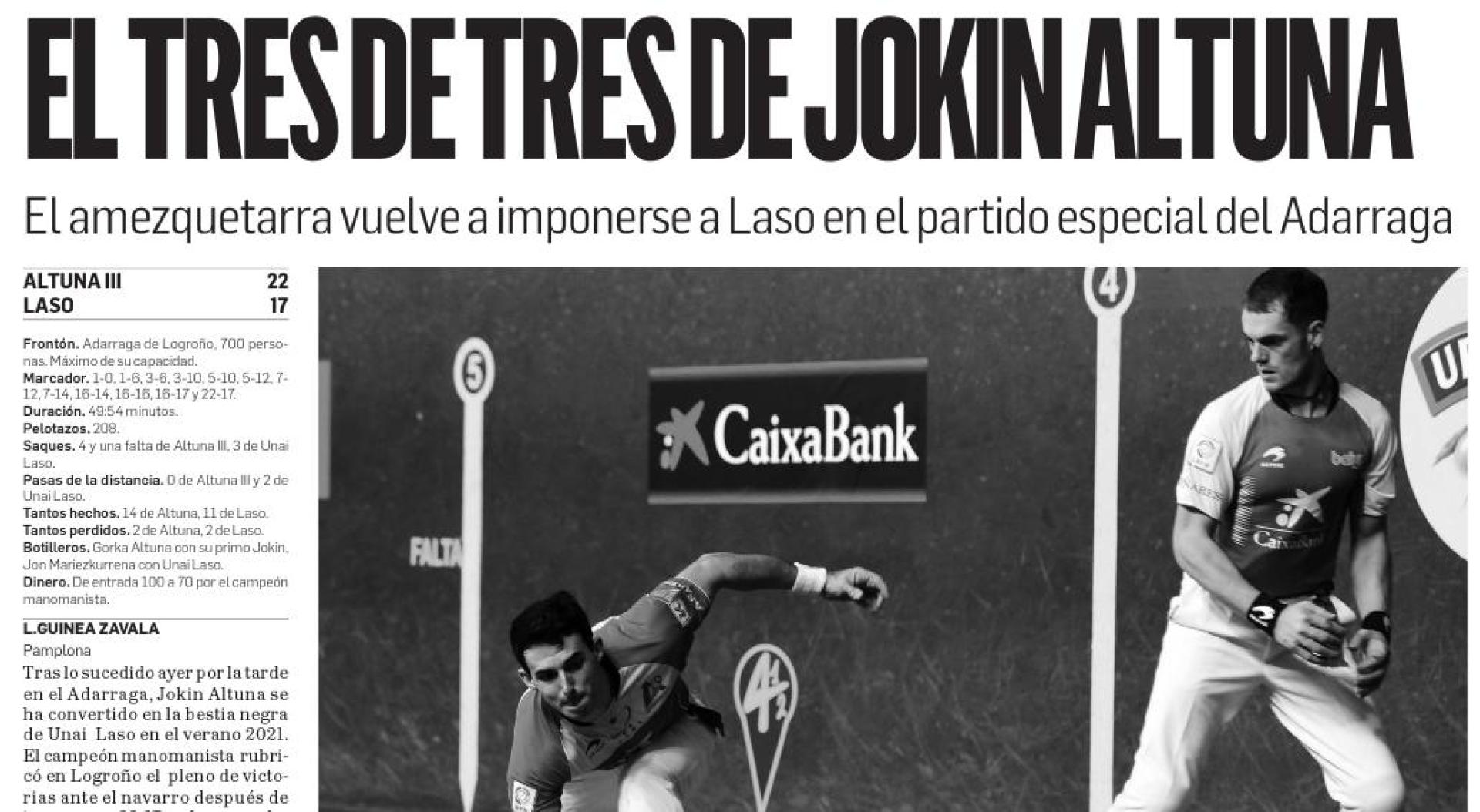 El tres de tres de Jokin Altuna. Título de la crónica de Diario de Navarra sobre la revancha del Cuatro y Medio