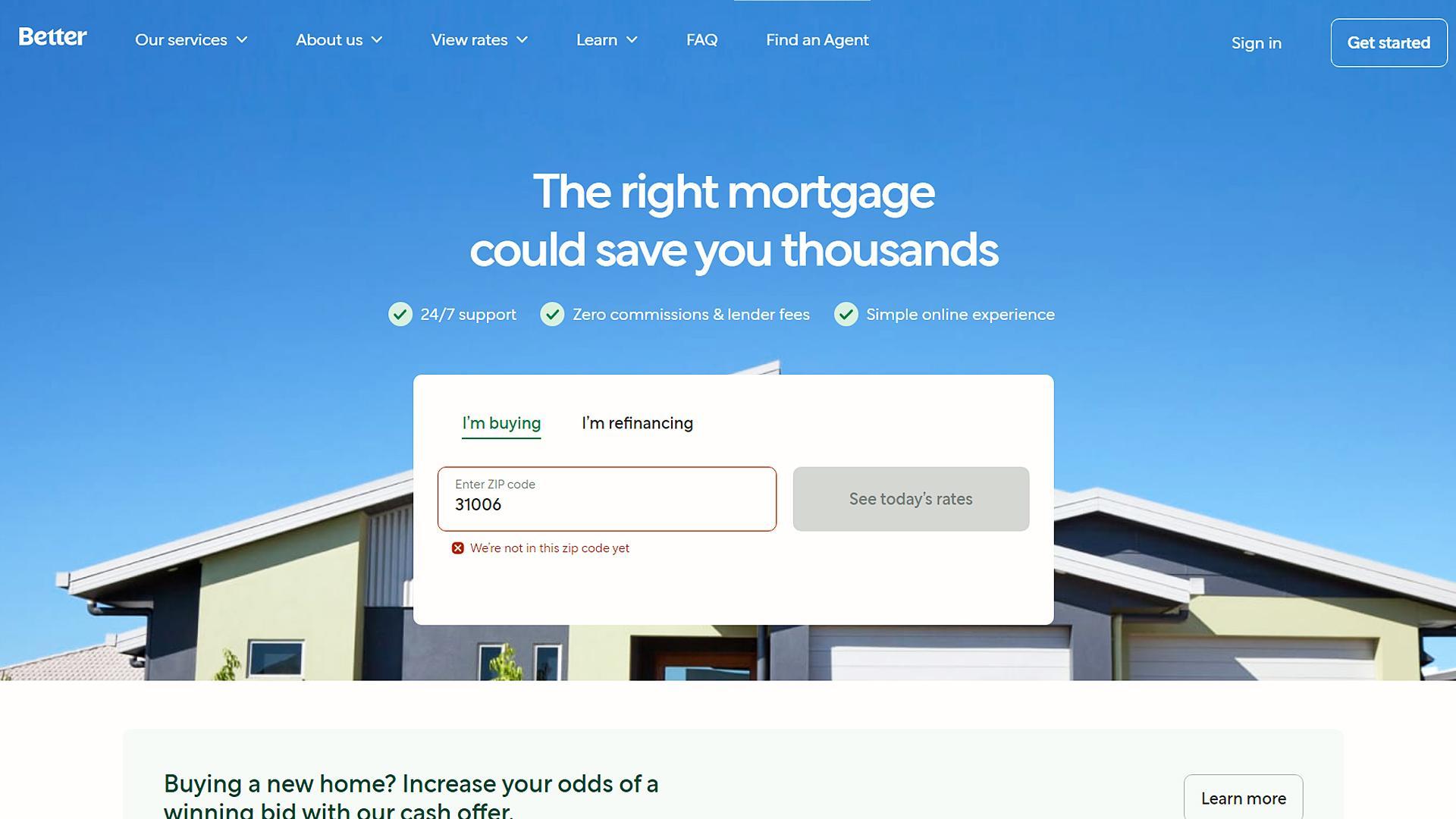 Página de inicio del portal inmobiliario Better.com