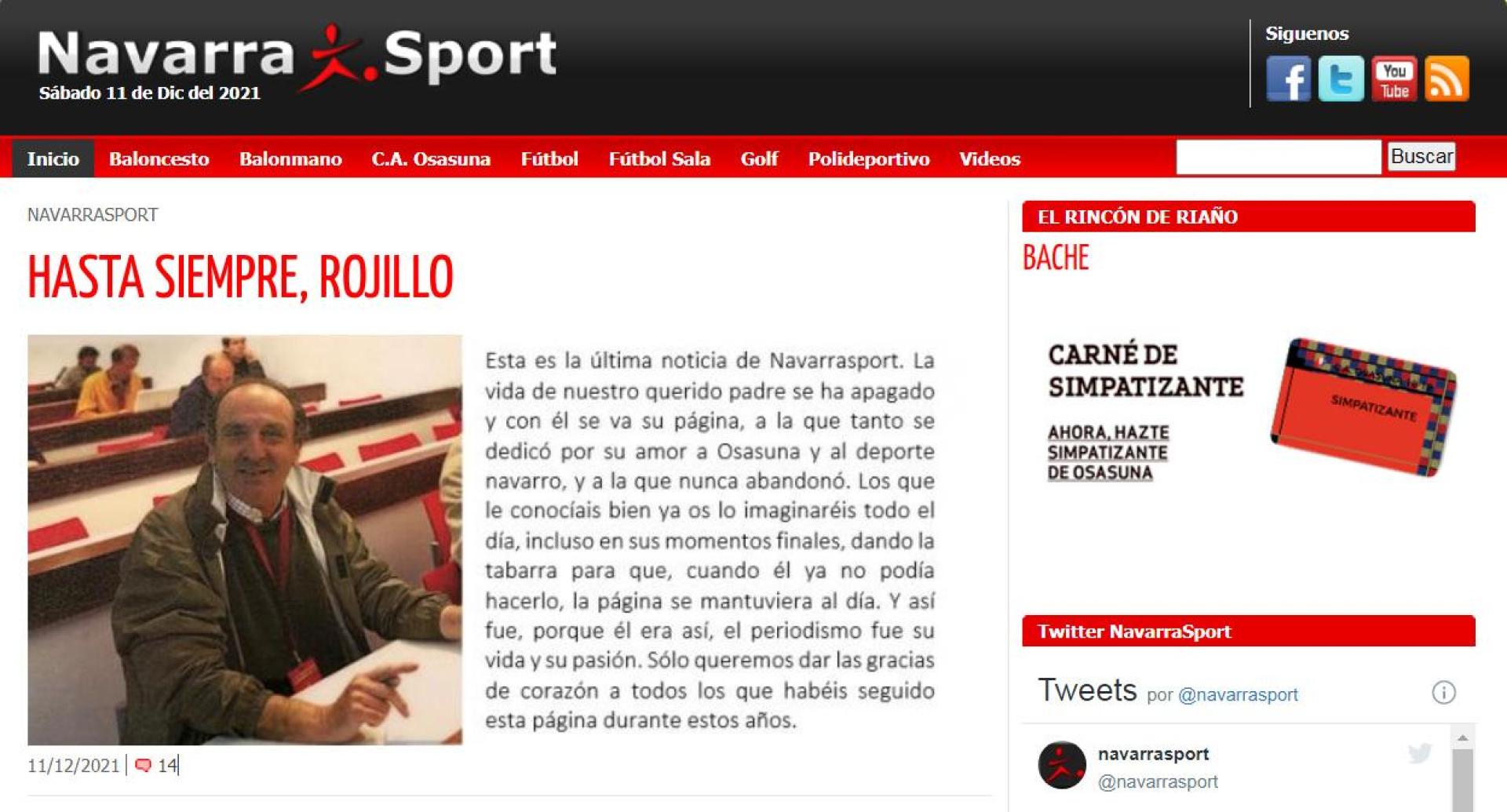 Despedida a Jesús Riaño desde su web, Navarra Sport