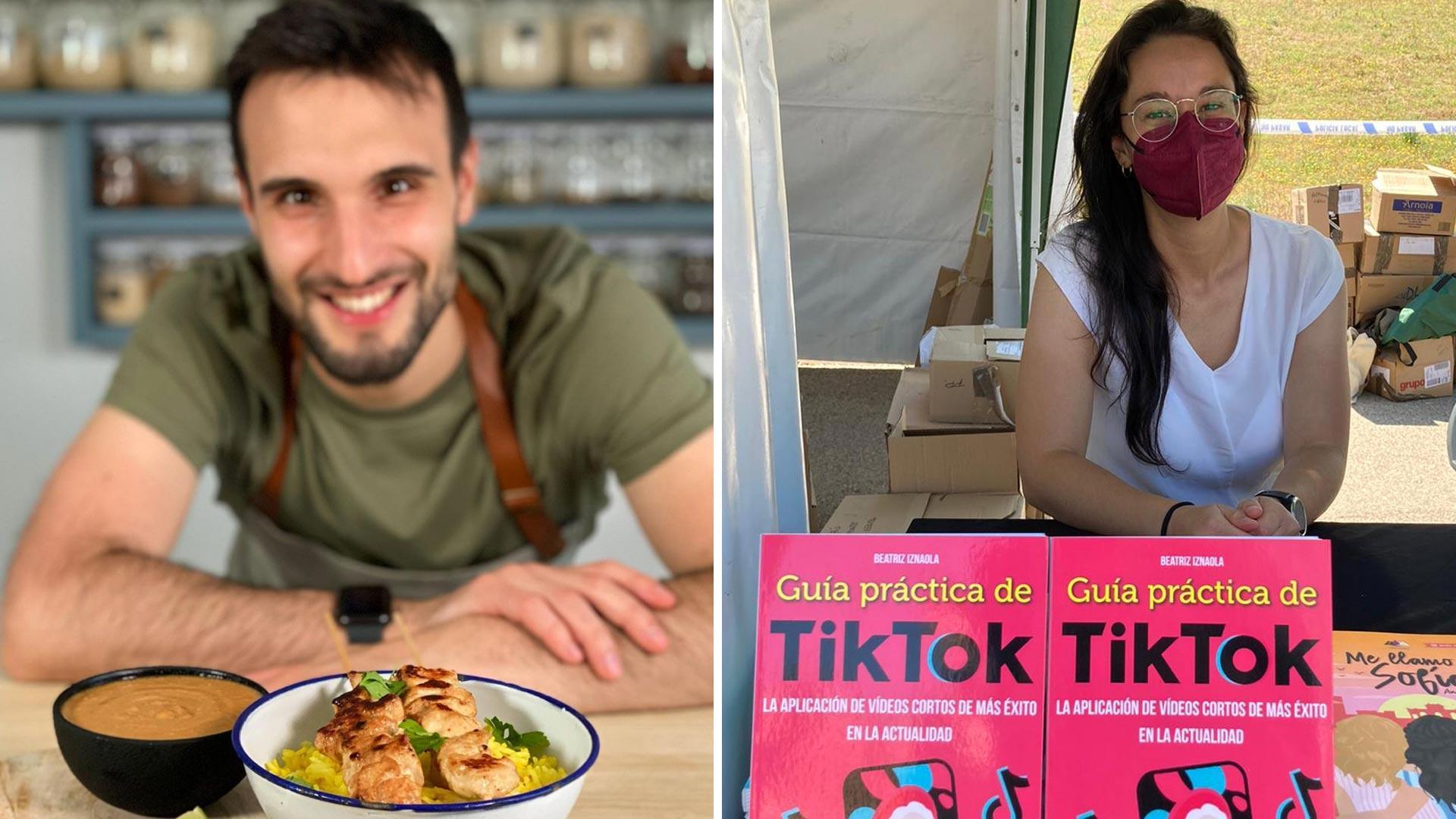De izda. a dcha., David García (@SiempreHambriento) junto a uno de las recetas que comparte en Tiktok y Beatriz Iznaola con su libro