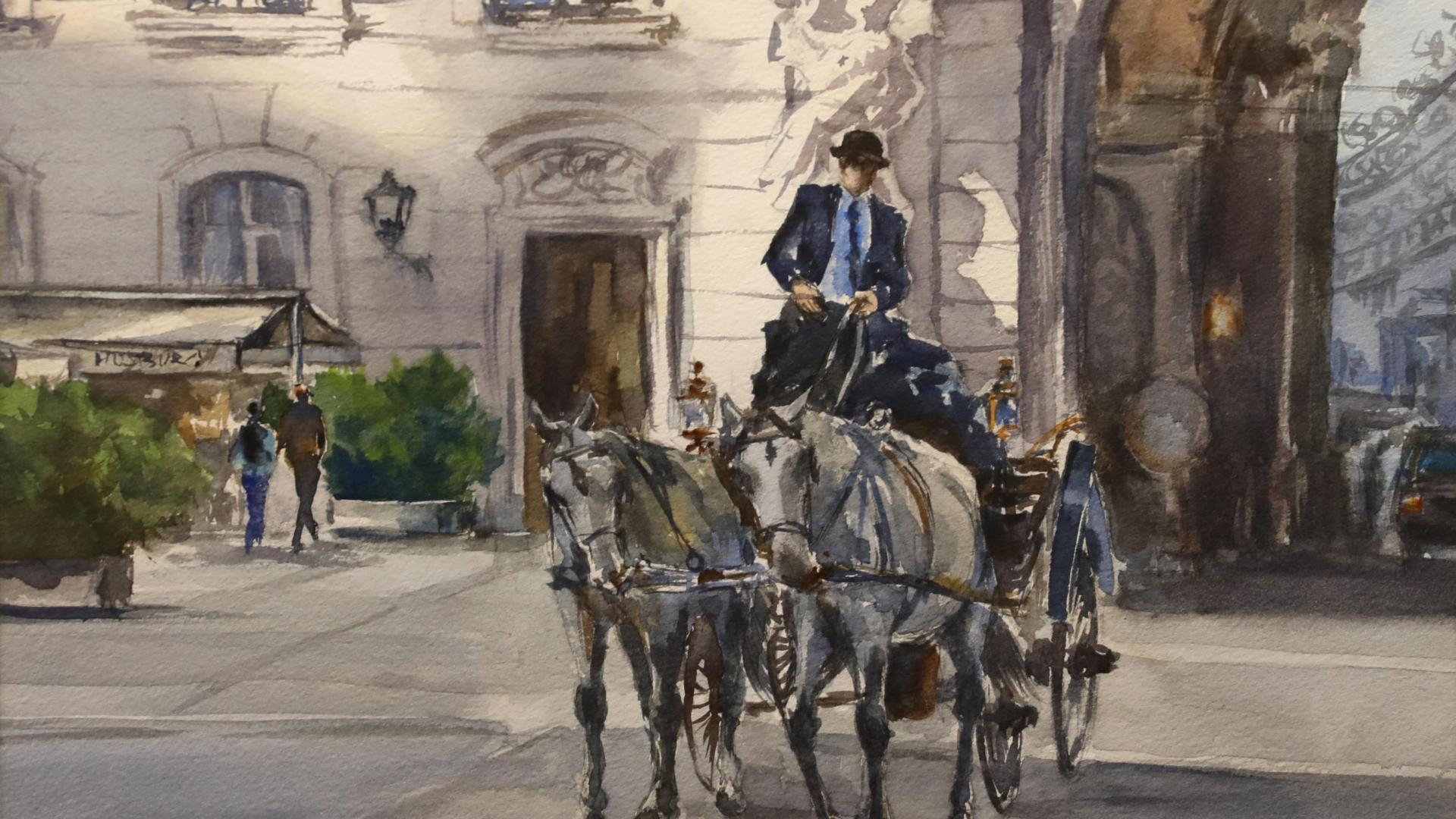 Una obra de la exposición Acuarelas que evoca a un paseo en carruaje de caballos en Viena,  en la que César Viteri juega con el  contraluz y el tratamiento de la imagen
