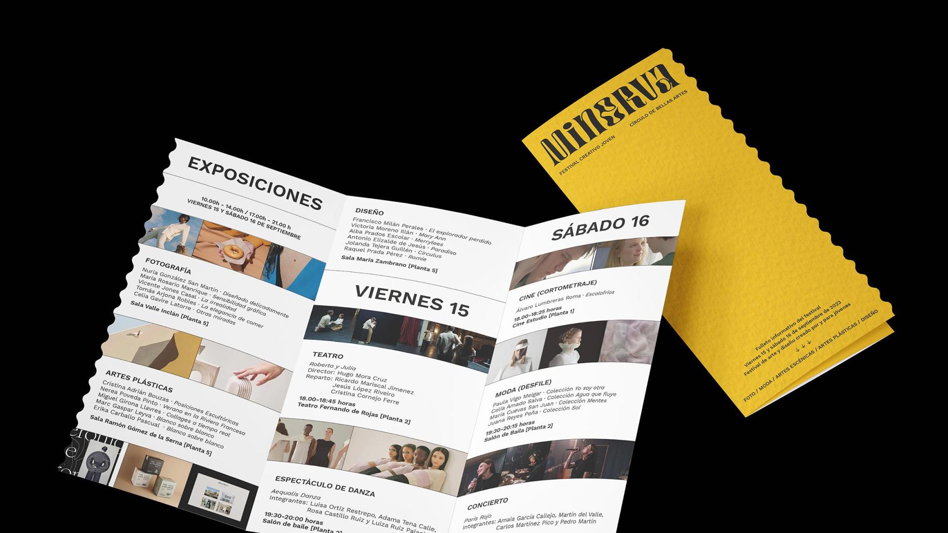 Folleto informativo para el festival de arte y diseño Minerva. Soporte del Trabajo de Fin de Estudios realizado por Leyre Chordá.