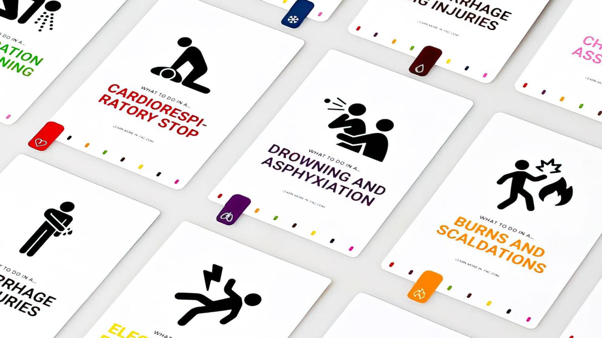 Colección de tarjetas diseñadas para conocer los pasos a seguir para salvar la vida de una persona en 8 situaciones de emergencia. Proyecto de Iker Cía.