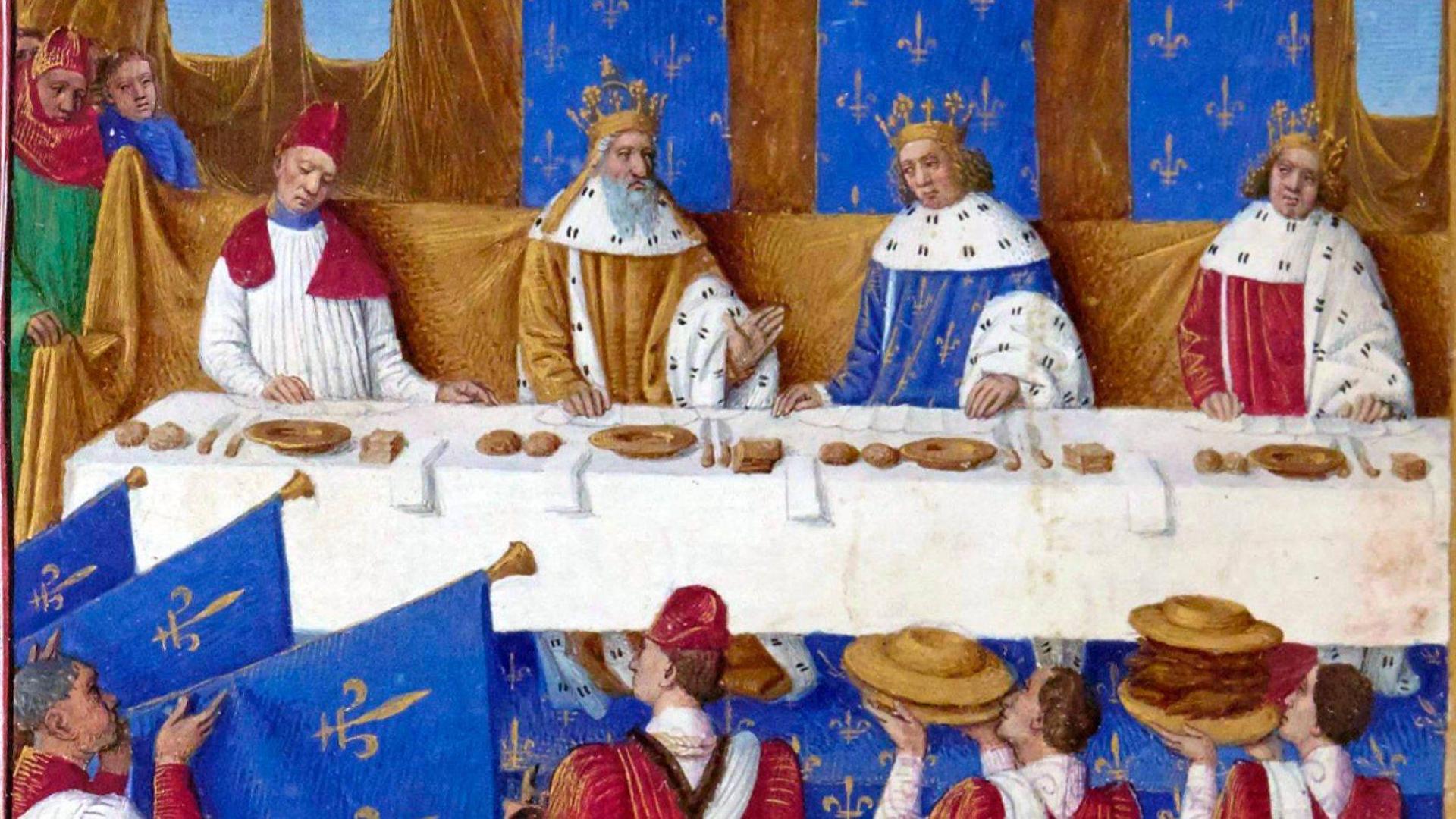 Banquete en la corte del rey francés Carlos V en París en 1378. Ilustración de libros de Jean Fouquet, de mediados del siglo XV