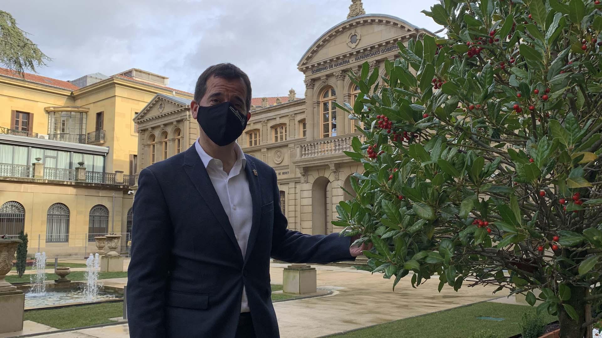 El consejero Irujo posa frente al árbol plantado en el jardín del Palacio de Navarra, como símbolo de la S4