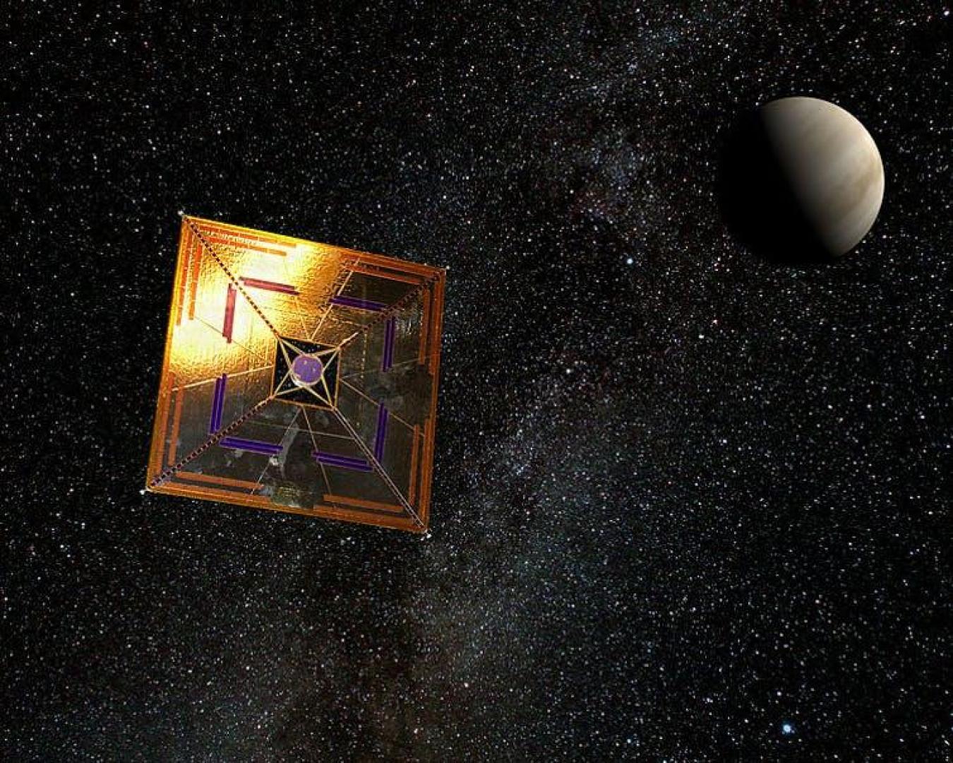 Recreación de la sonda espacial japonesa IKAROS en vuelo. Esta sonda espacial experimental está impulsada parcialmente por una vela solar.