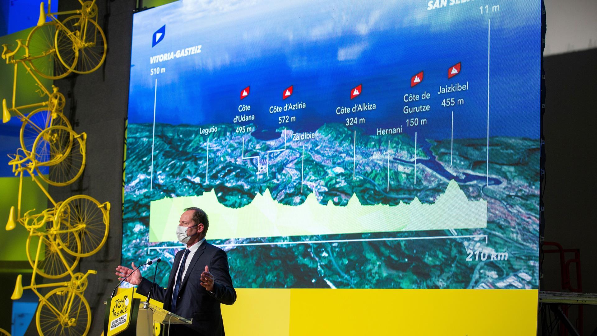 El director del Tour de Francia, Christian Prudhomme, interviene durante el actro celebrado este miércoles en Vitoria para dar a conocer los detalles de los recorridos de las tres primeras etapas de la edición 2023 de la carrera francesa que arrancará en