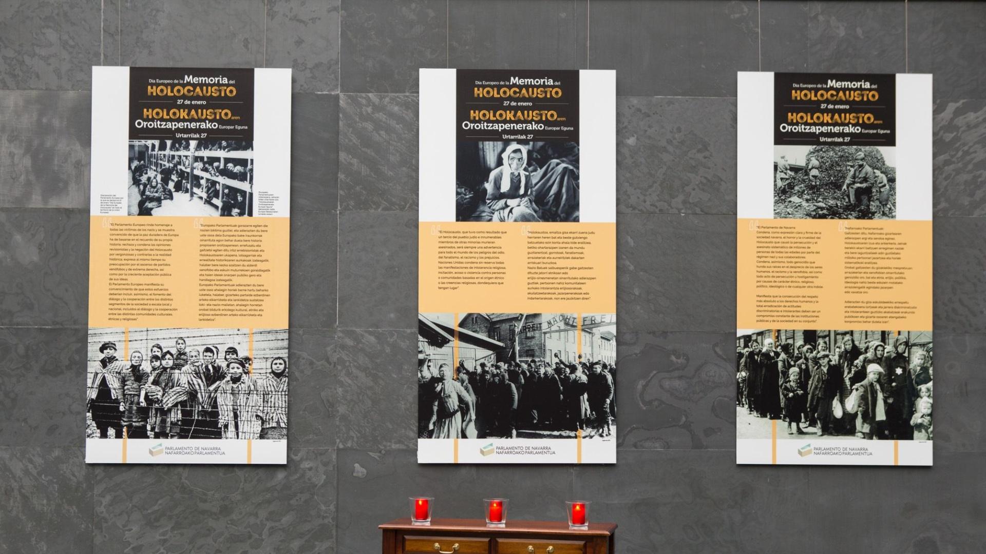 Instalación colocada en el Atrio del Parlamento de Navarra con motivo del Día Europeo de la Memoria del Holocausto
