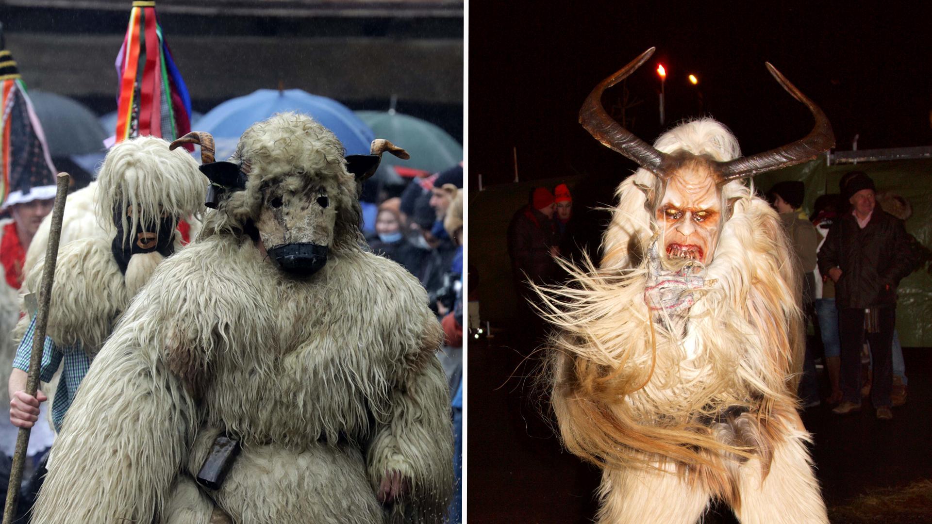 A la izquierda, una imagen del Carnaval de Ituren, este lunes. A la derecha, el Krampus alpino