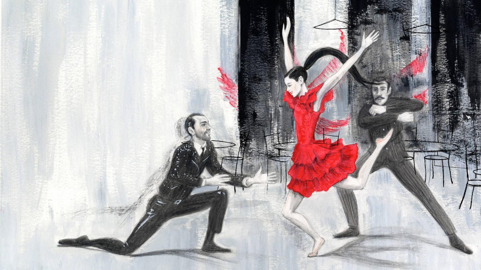 La ilustración del cuento que representa a Carmen, el torero Escamillo arrodillado y el soldado don José detrás