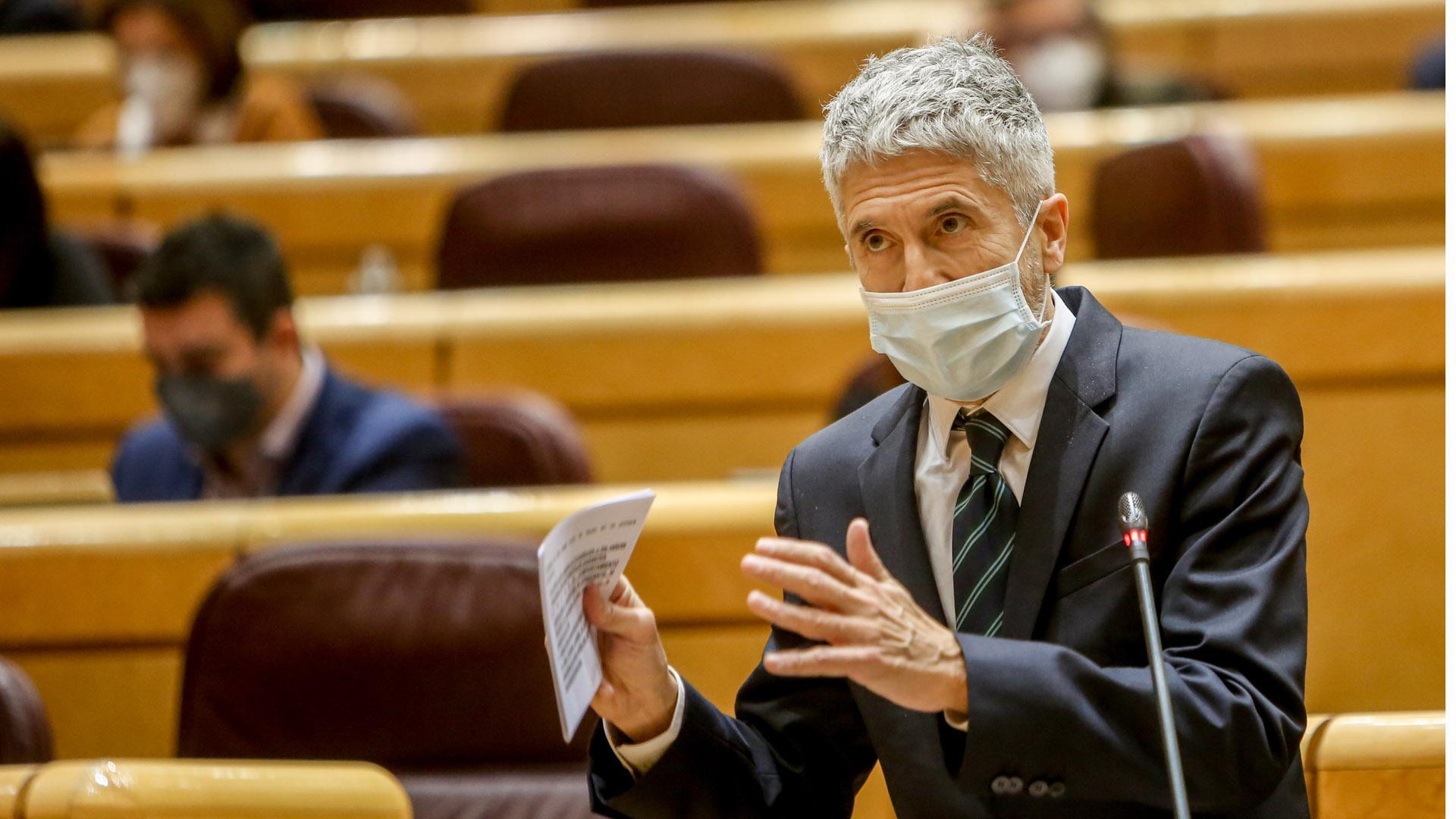 El ministro de Interior, Fernando Grande-Marlaska, interviene en una sesión de control al Gobierno, en el Senado