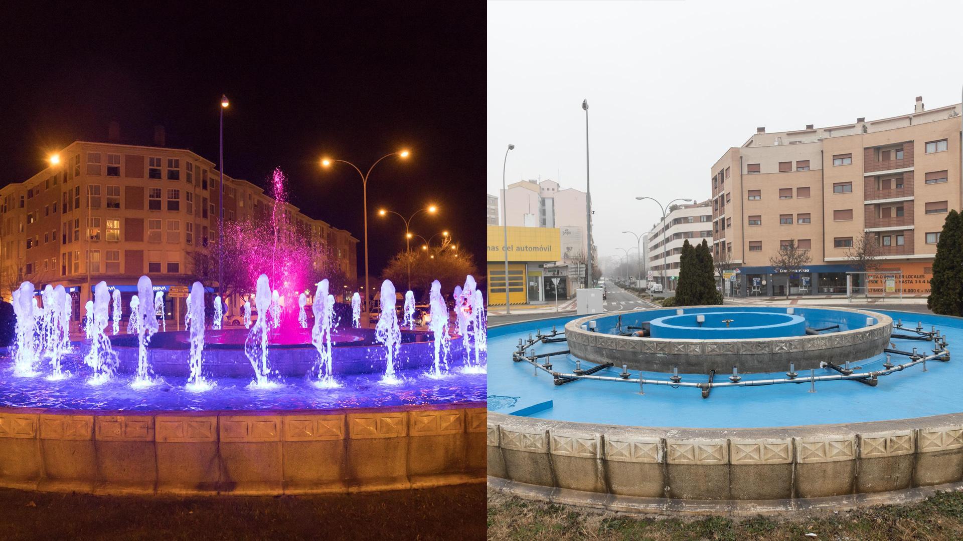 Imagen de la fuente el día que se inauguró y, a la derecha, la fuente, vacía y sin funcionar, el martes por la mañana