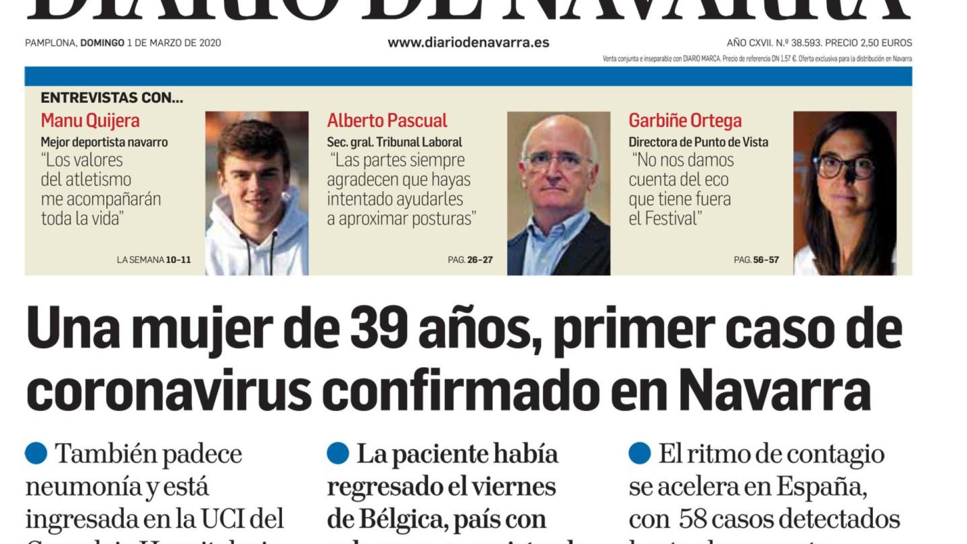 Portada con el primer caso de covid en Navarra