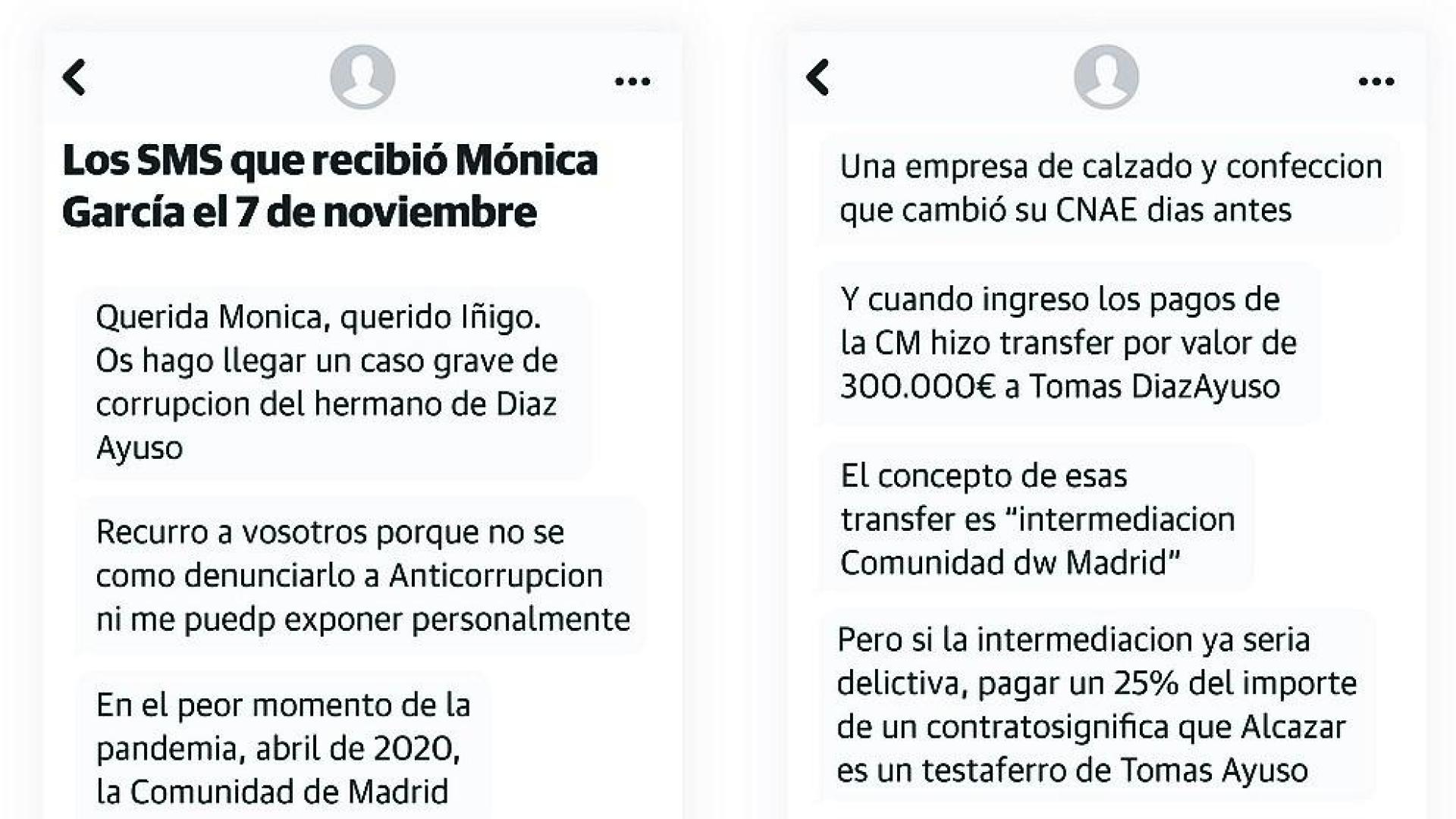 Mensajes de texto que recibió en el móvil Mónica García, en los que se le informaba anónimamente de las irregularidades