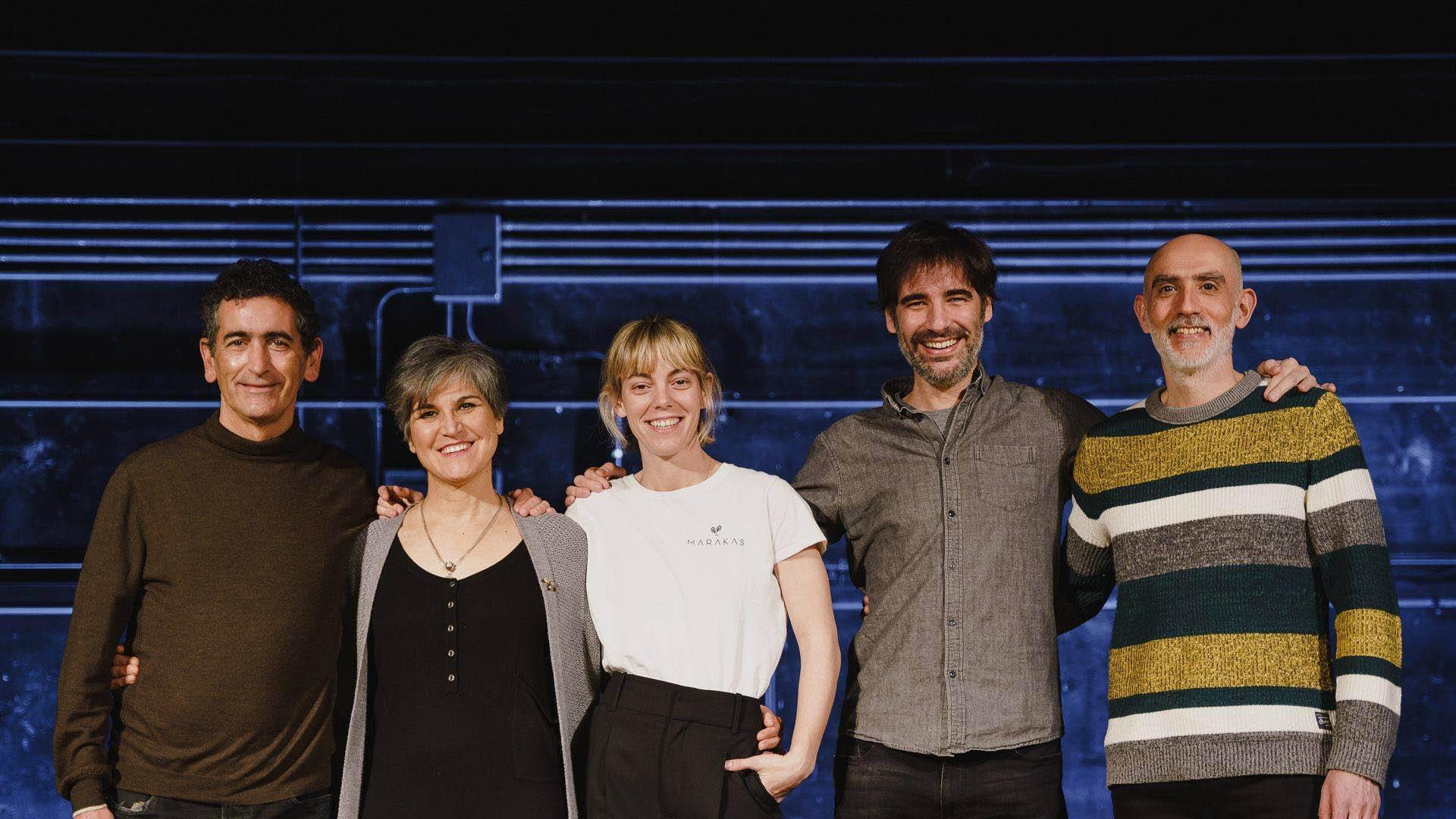 Juan Mayorga, Elena González, Vicky Luengo, Elías González y Alfredo Sanzol, durante un ensayo de 'El Golem'