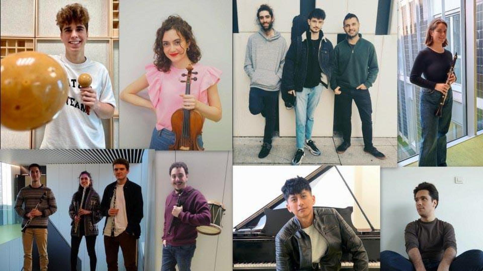Darío Antón (percusión), Victoria Ros (violín), Alejandro Sanchidrian, Daniel Arteche, Ibán Martín (guitarras jazz), Maitane García de Cortázar (clarinete). Abajo, de izquierda a derecha: Marcos Marín (guitarra), Trío Eolo, Beñat Alcuaz (txistu), Eric Quinapanta (piano), Joel Ribeiro (piano jazz)