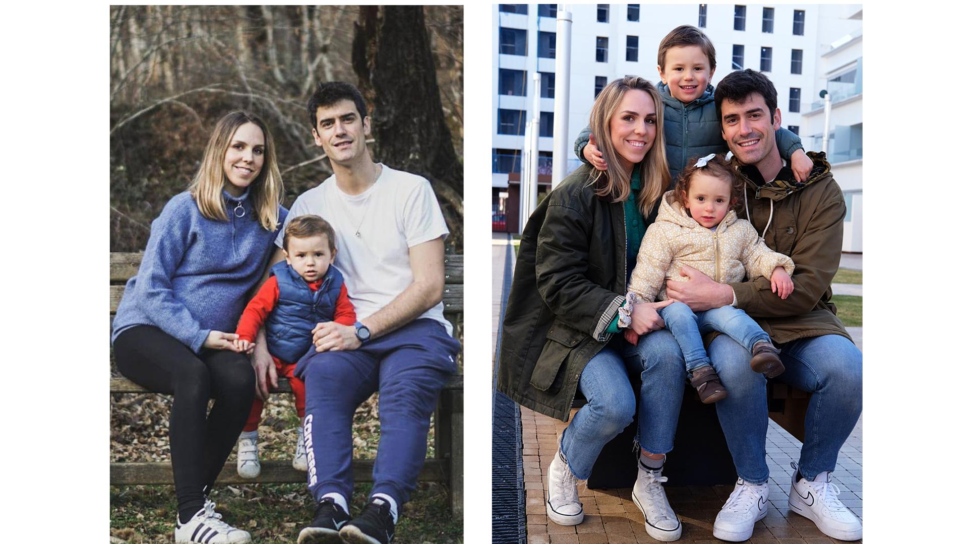 Andrea Garraza, embarazada antes del confinamiento, con su hijo Lucas y su marido, Iñaki Guergué. A la derecha, con Olivia, dos años después de nacer