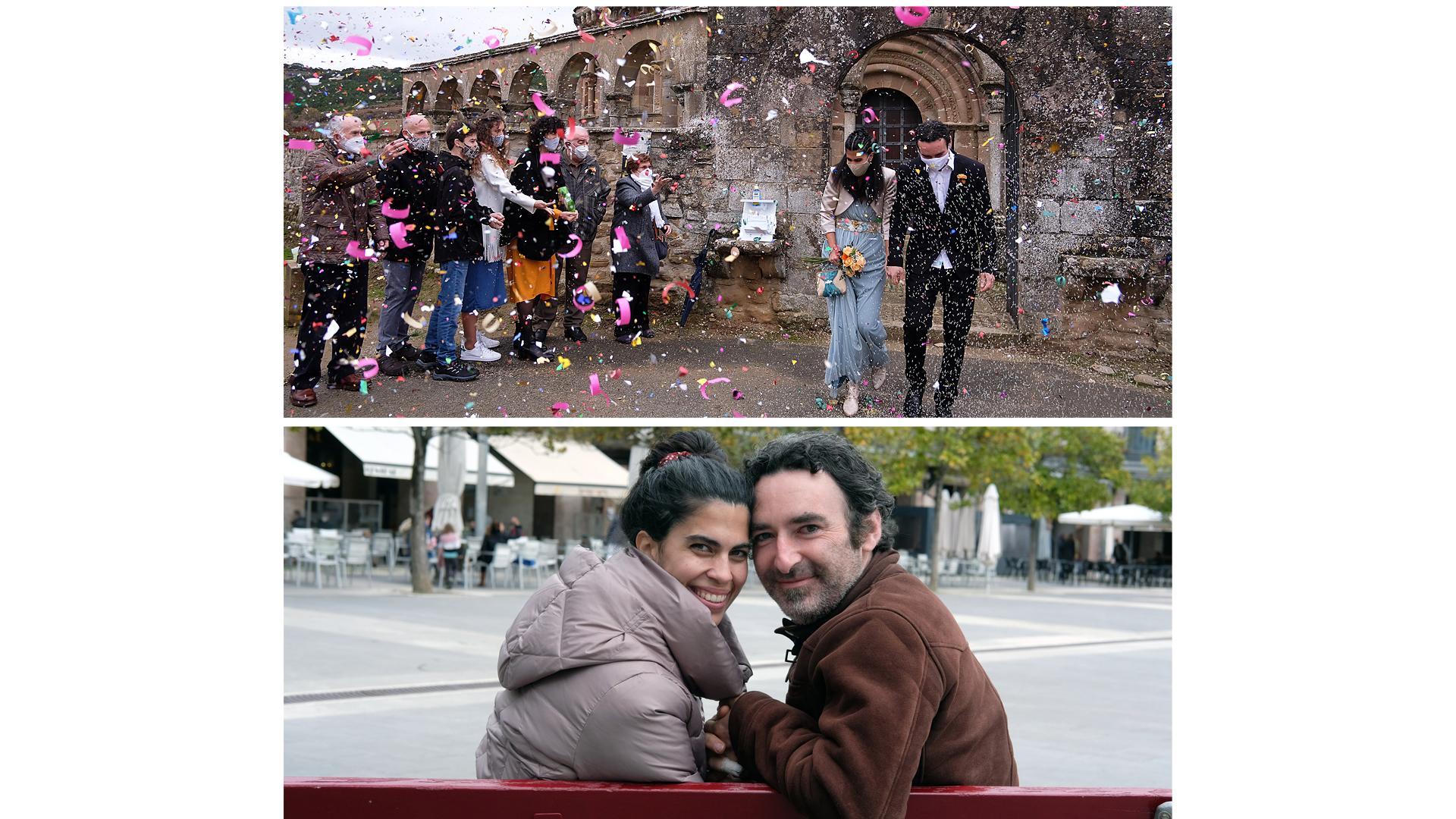 Mª Dolores y Miguel, en su boda en Eunate (2020) y el domingo de carnaval en Pamplona (2022)