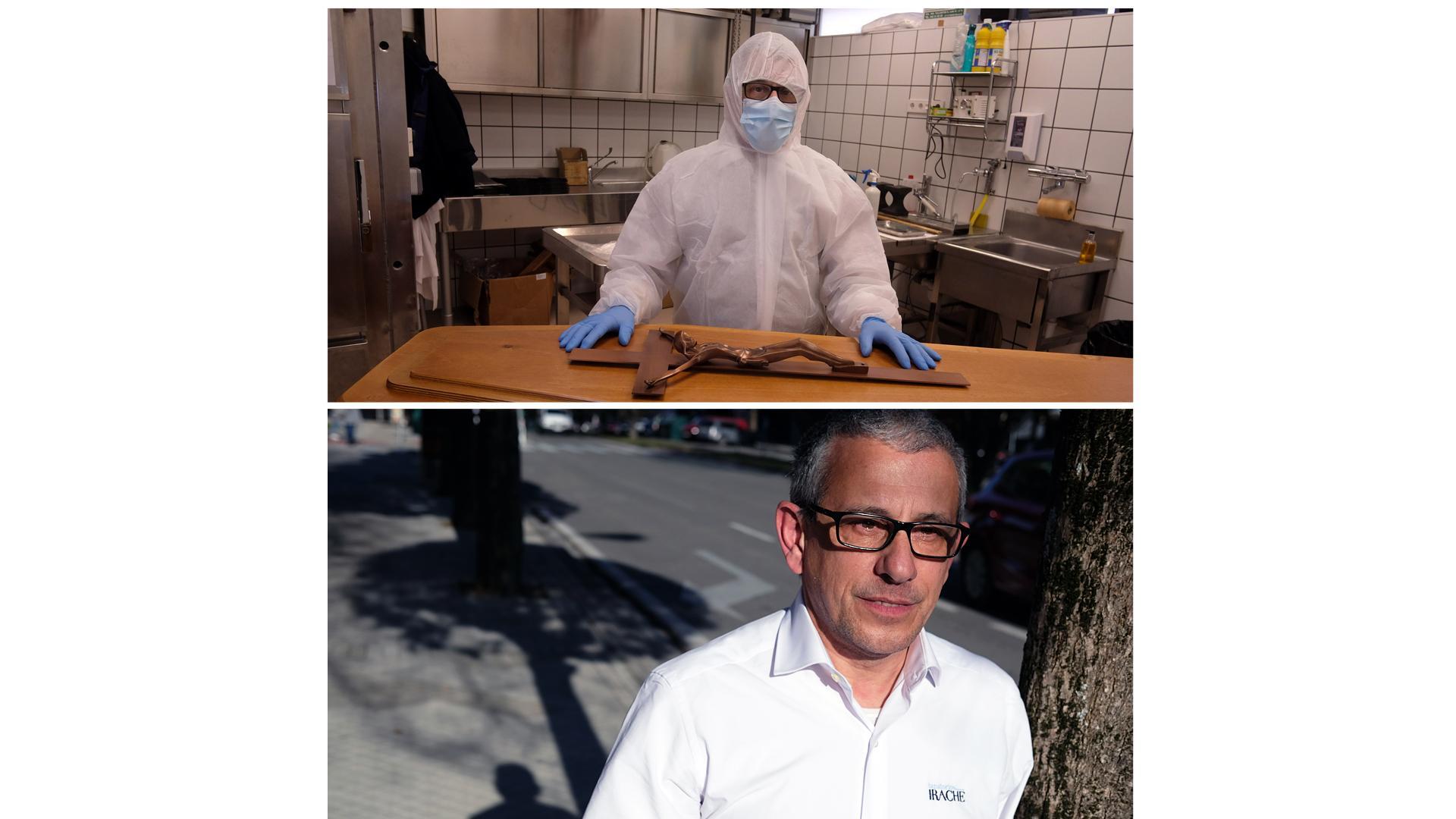 El tanatopractor y funerario José Antonio Goñi, en Tanatorios Irache, en 2020 y en 2022