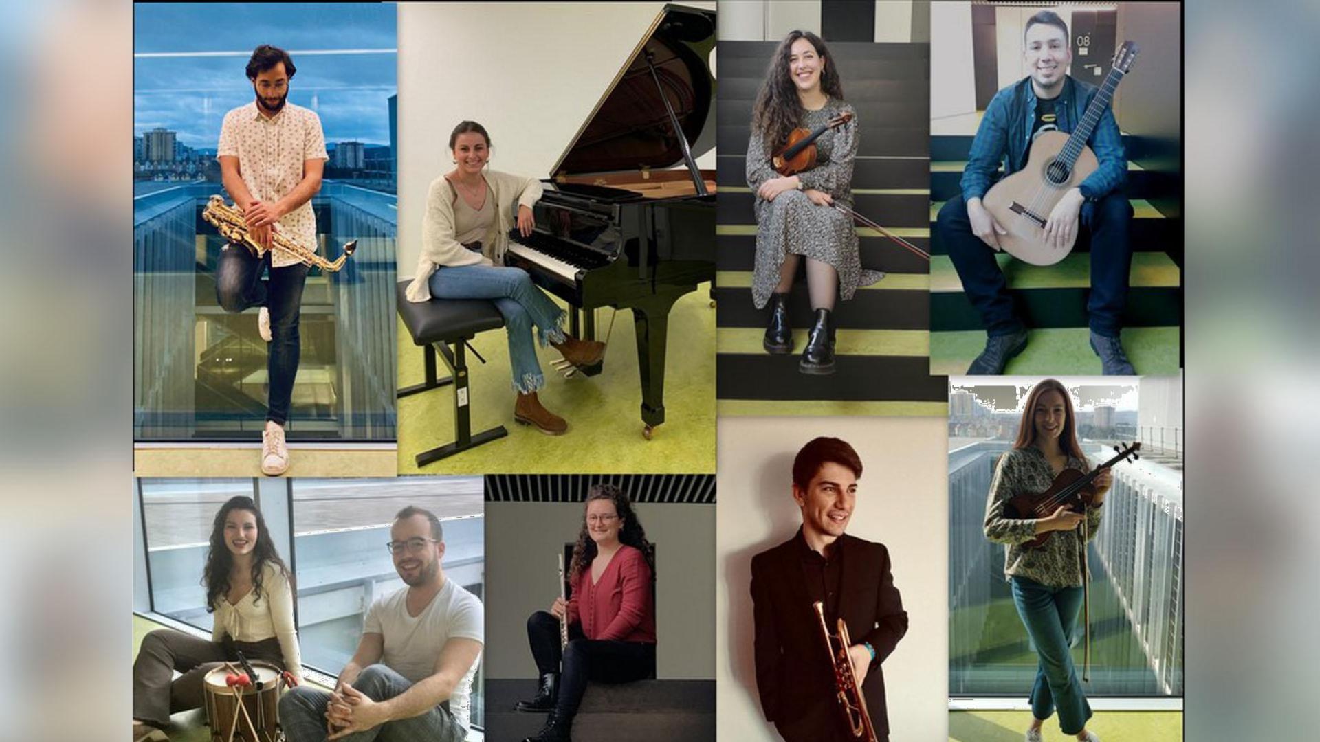 Arriba, de izquierda a derecha: Gabriel Elizalde (saxofón), Alba Gurrea (piano), Irene Talledo (violín), Camilo Ospina (guitarra). Abajo, de izquierda a derecha: Dúo Luma, Maialen Pascual (flauta), Gaizka San Pedro (trompeta), Patricia Izquierdo (violín)