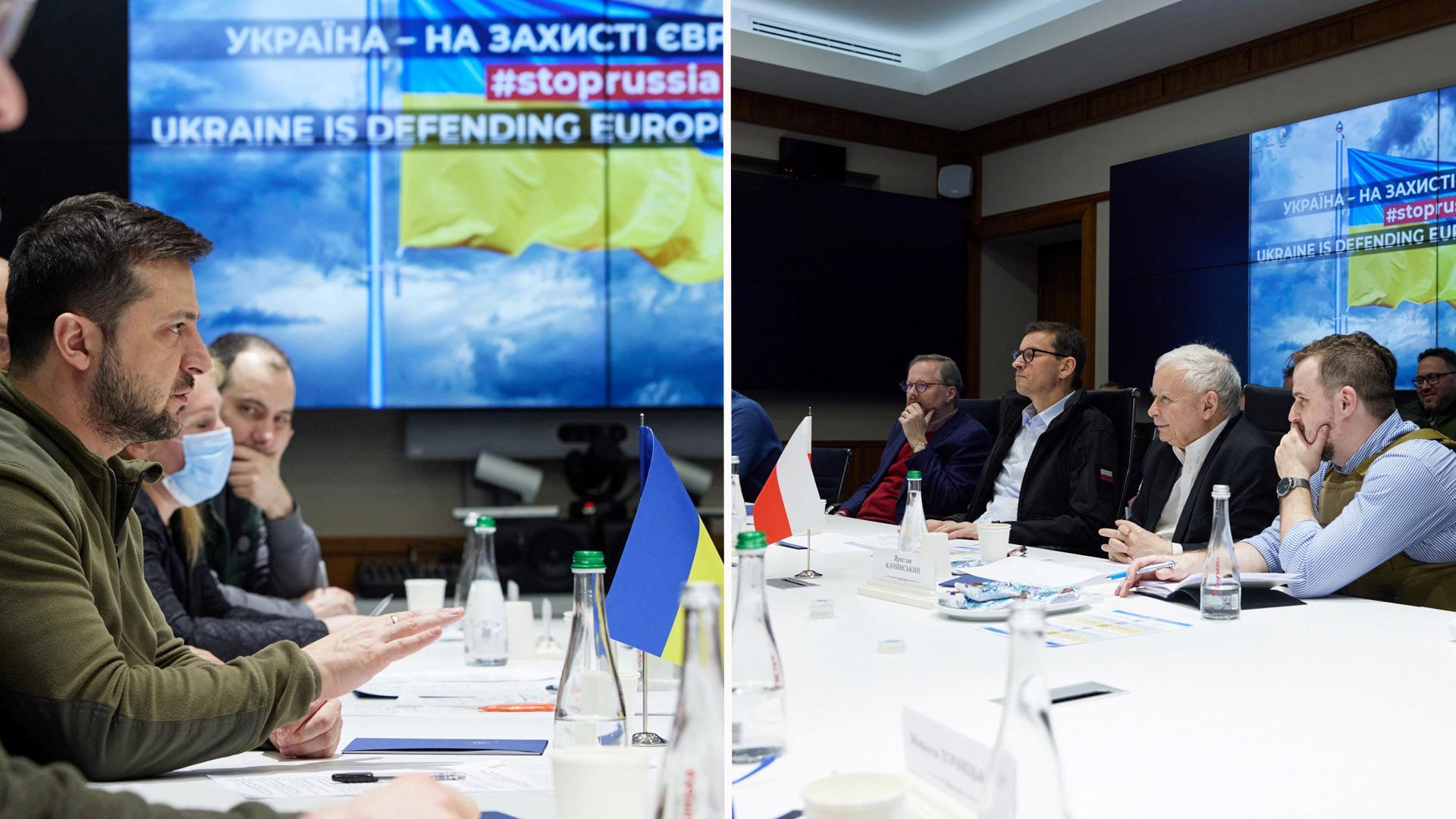 A la izquierda, el presidente de Ucrania, Volodimir Zelenski; a la derecha, el primer ministro de Polonia, Mateusz Morawiecki; de Eslovenia, Janez Jansa, y de República Checa, Petr Fiala
