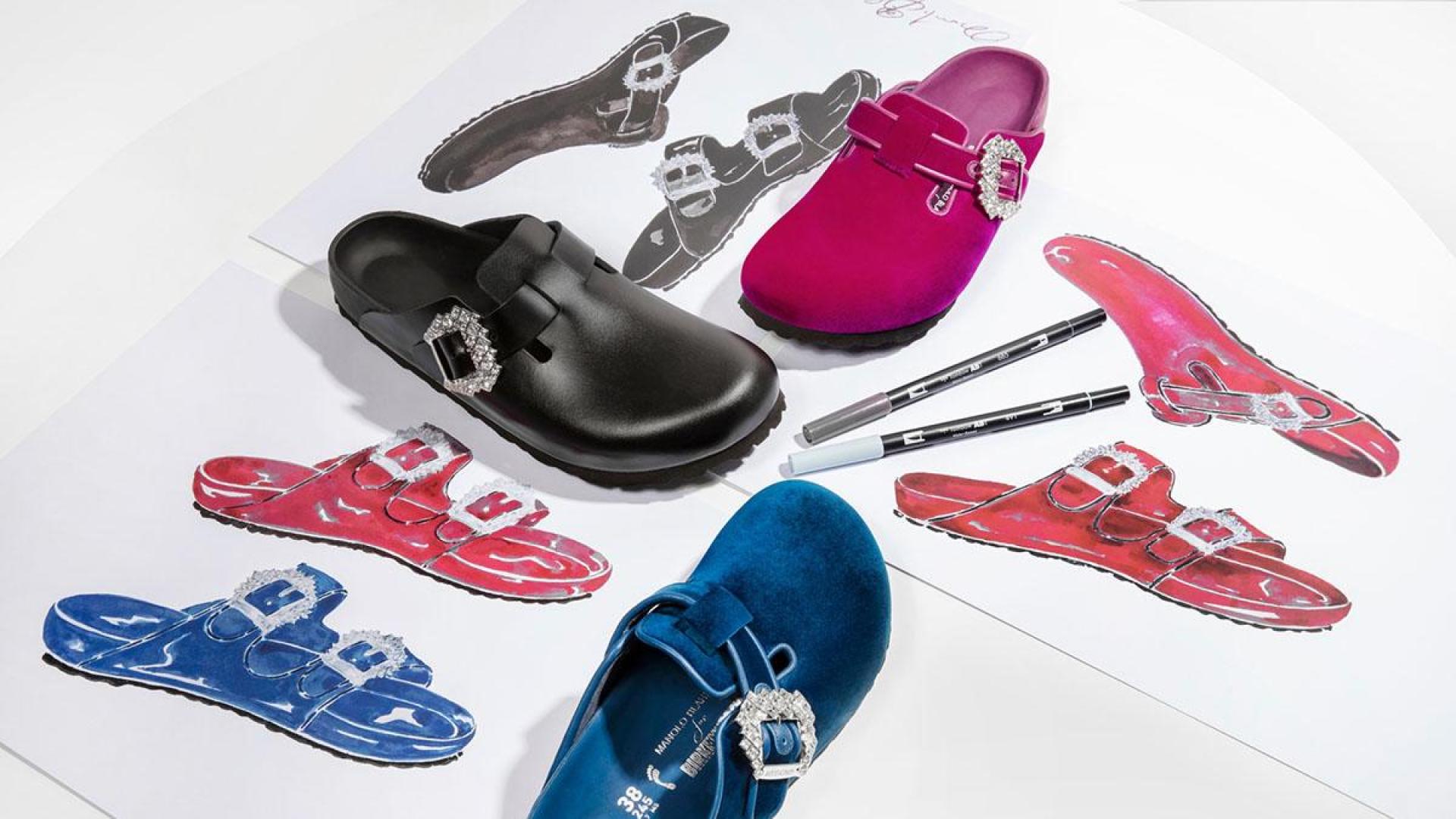 El modelo de zueco Boston es uno de los primeros que ha sido rediseñado por Manolo Blahnik x Birkenstock y está disponible en terciopelo fucsia y azul y en piel negra