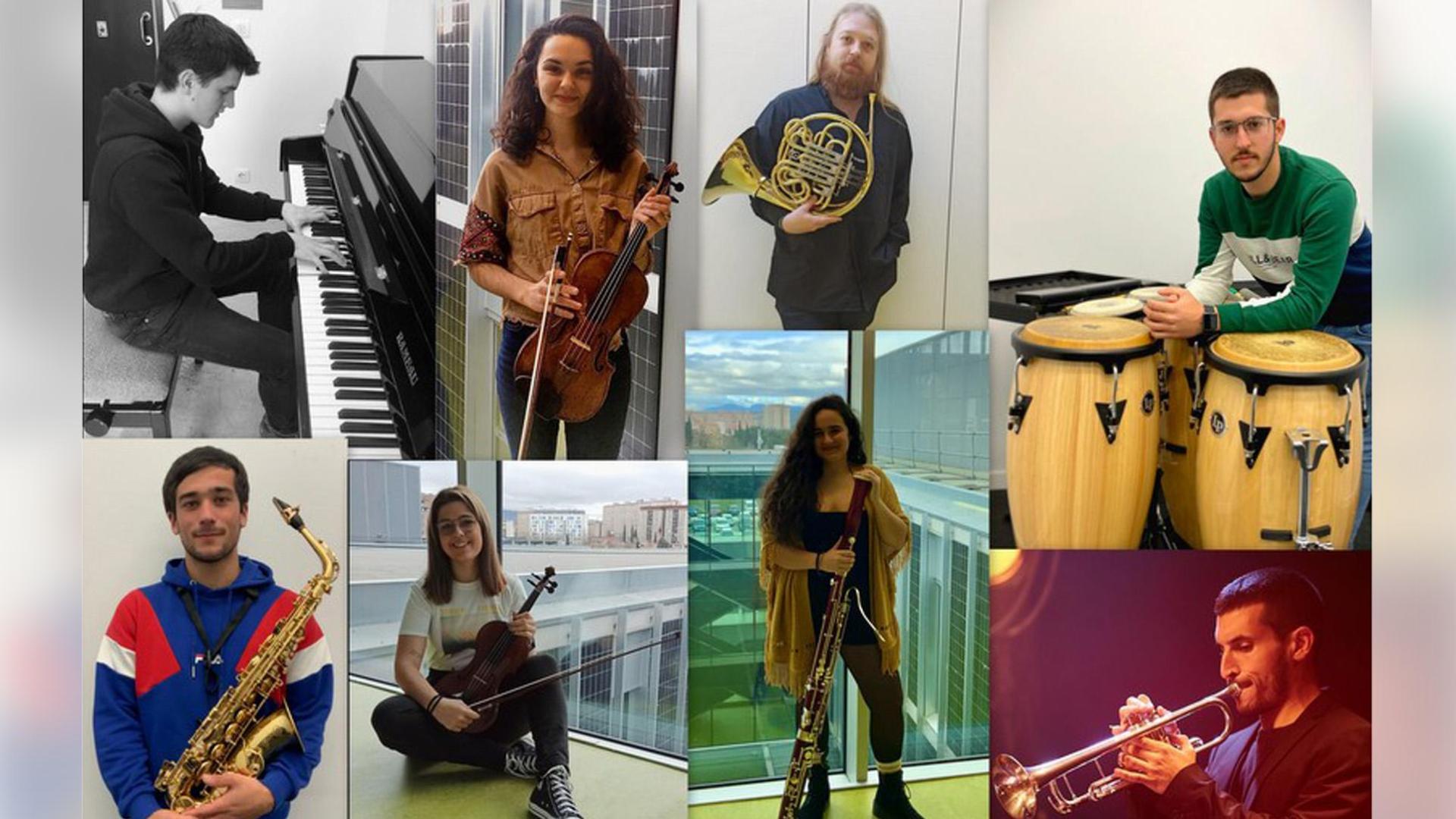 Arriba, de izquierda a derecha: Borja Echeverría (piano jazz), Patricia Izquierdo (violín), Javier Fondón (trompa), Mario Marzo (percusión). Abajo, de izquierda a derecha: Gabriel Reyes (saxofón), Oihane Jimeno (violín), Leyre Puignau (fagot), David Lanz (trompeta jazz).