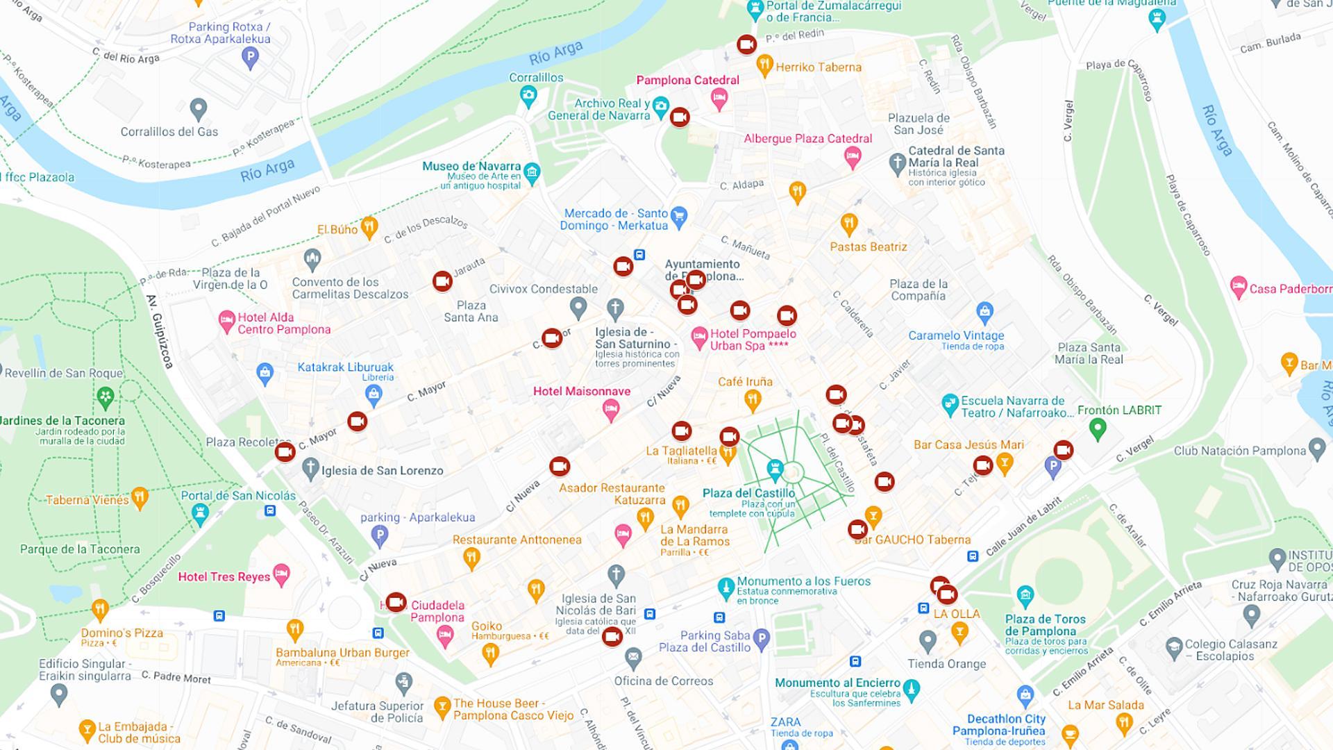 Mapa de Pamplona con la ubicación de las cámaras de seguridad