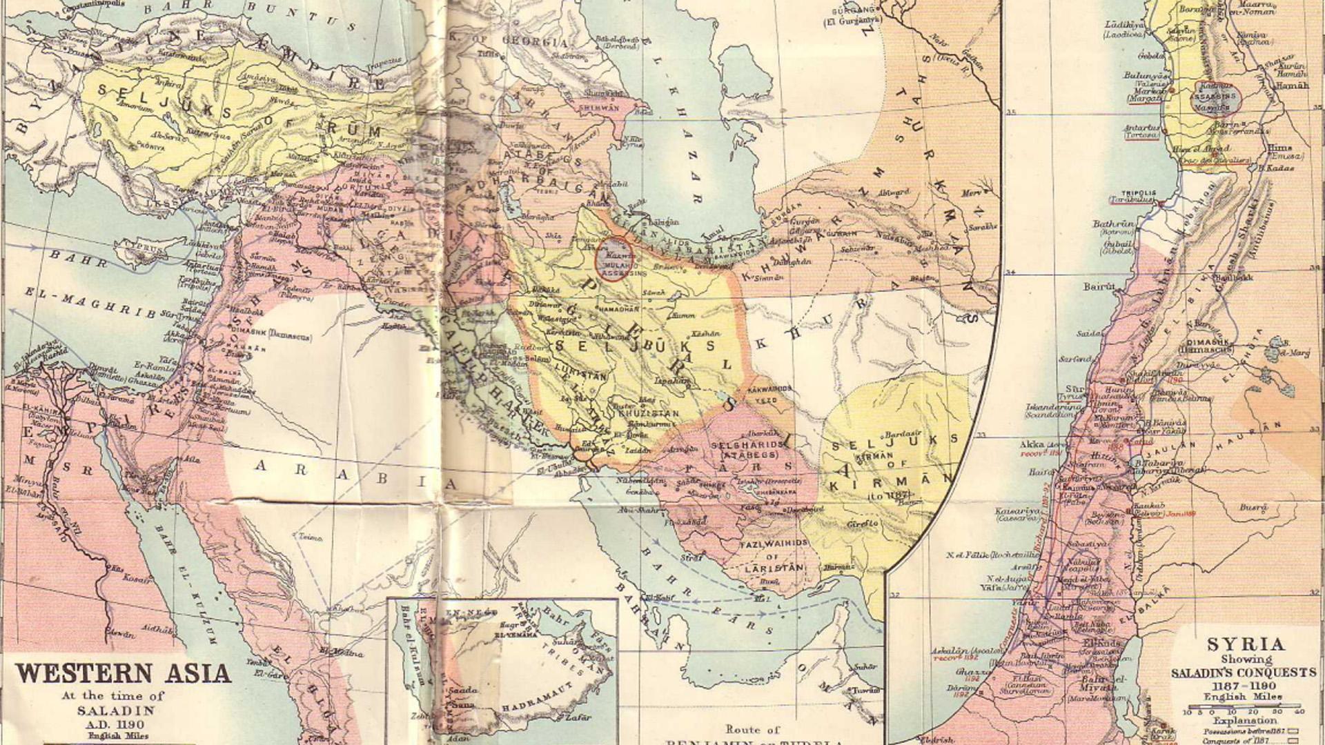 Extracto de un mapa con la ruta de Benjamín de Tudela