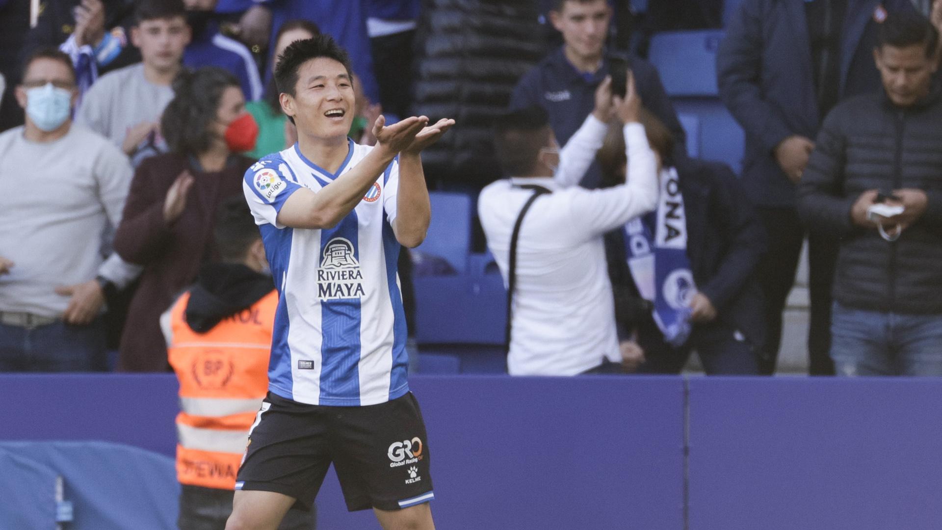 Wu Lei celebra el único gol del Espanyol al Celta