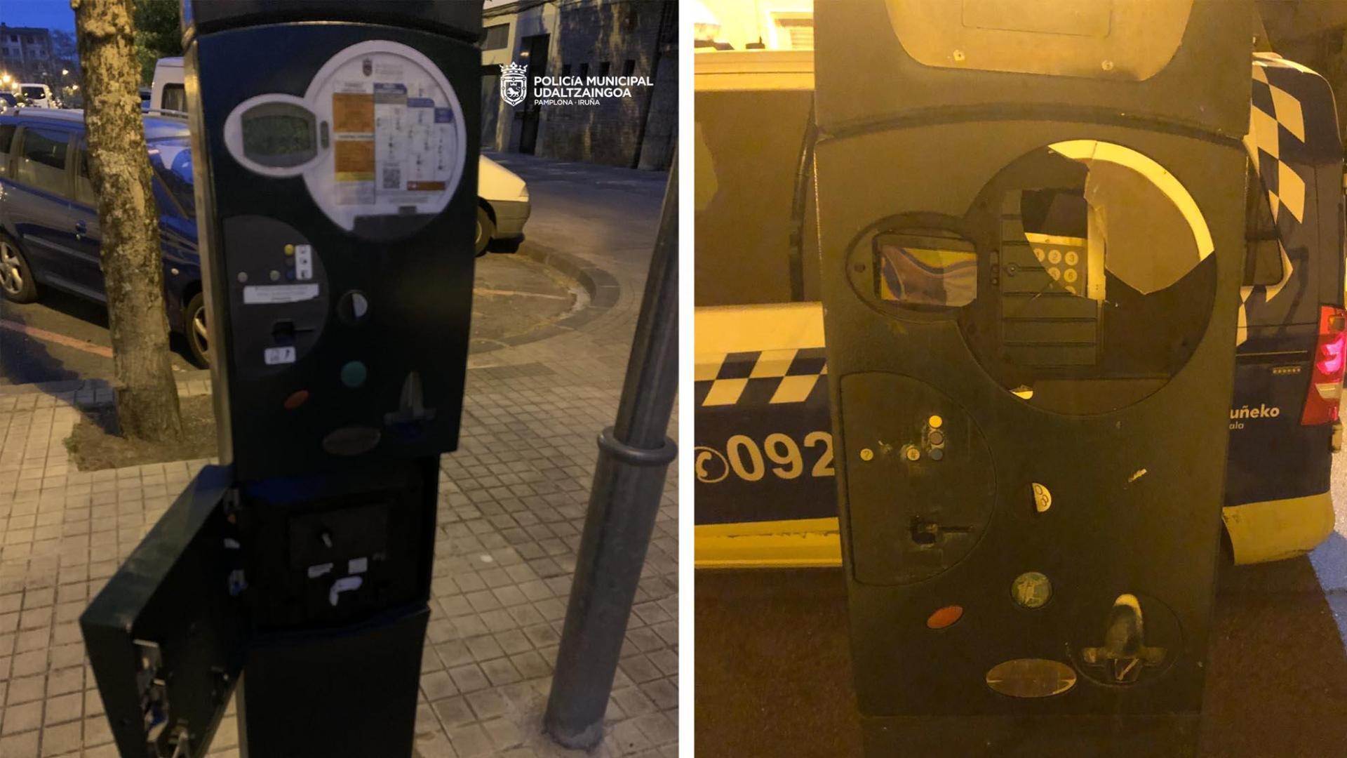 Dos de los parquímetros dañados en la Txantrea