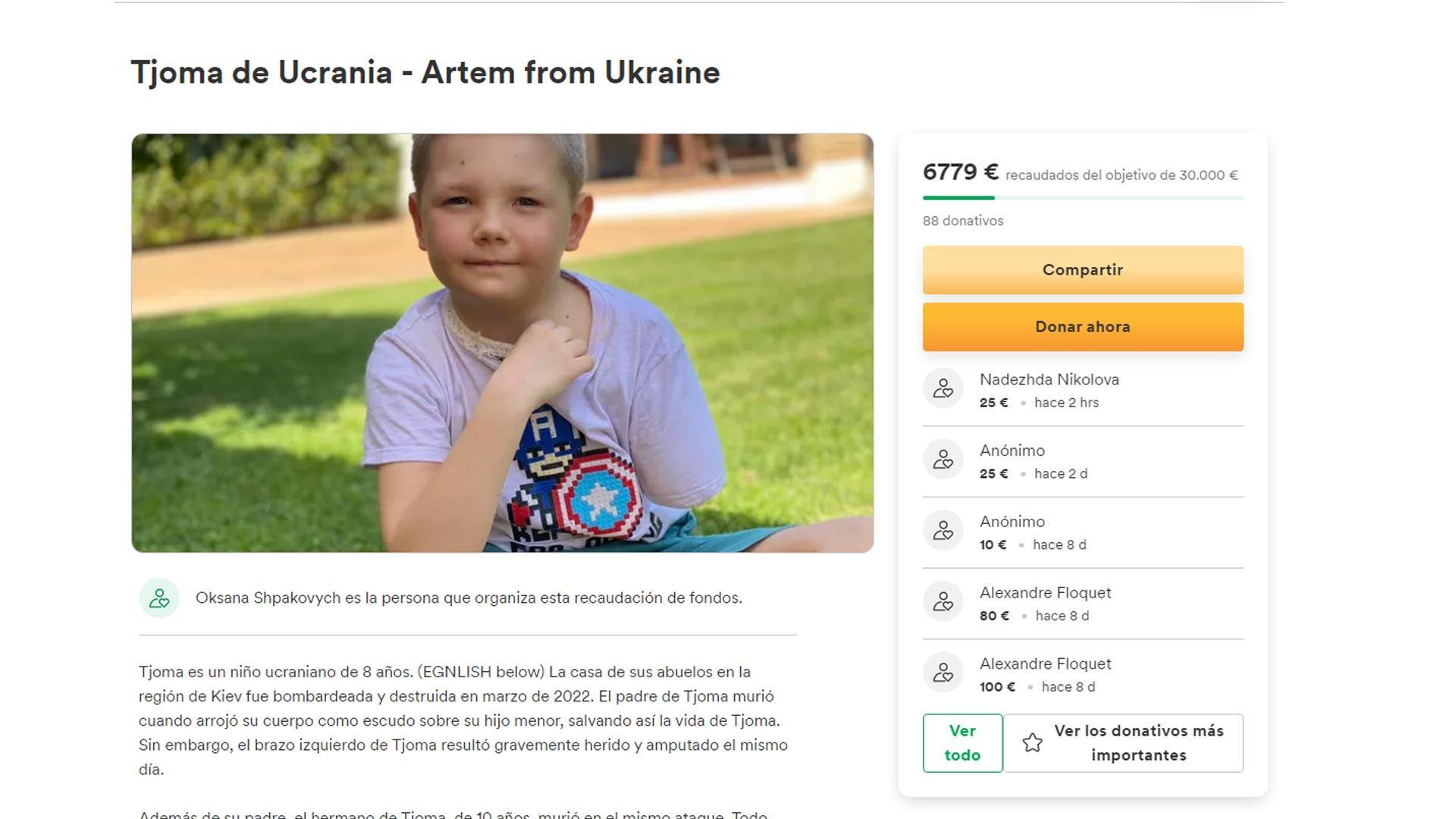 Imagen de la página de GoFundme desde donde se realiza el crowfunding para el niño ucraniano