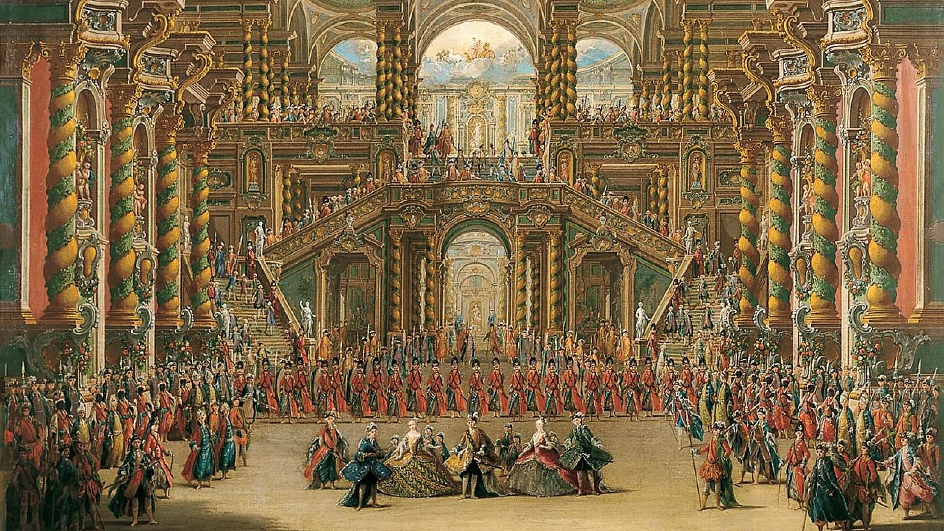 Final de la ópera ‘Nitteti’ en el Real Teatro del Buen Retiro, Madrid 1756. Obra de Francesco Bataglioli