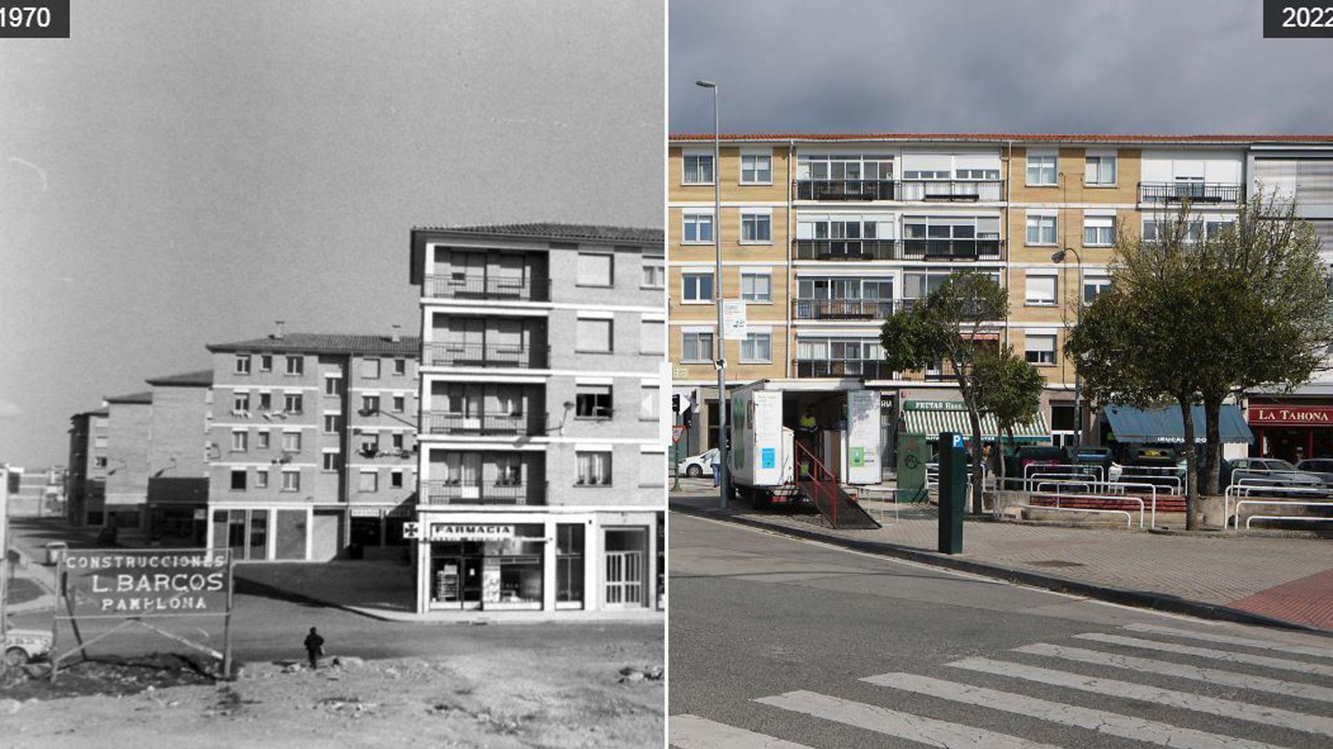 Imágenes de la calle San Cristóbal de la Txantrea en 1970 y 2022