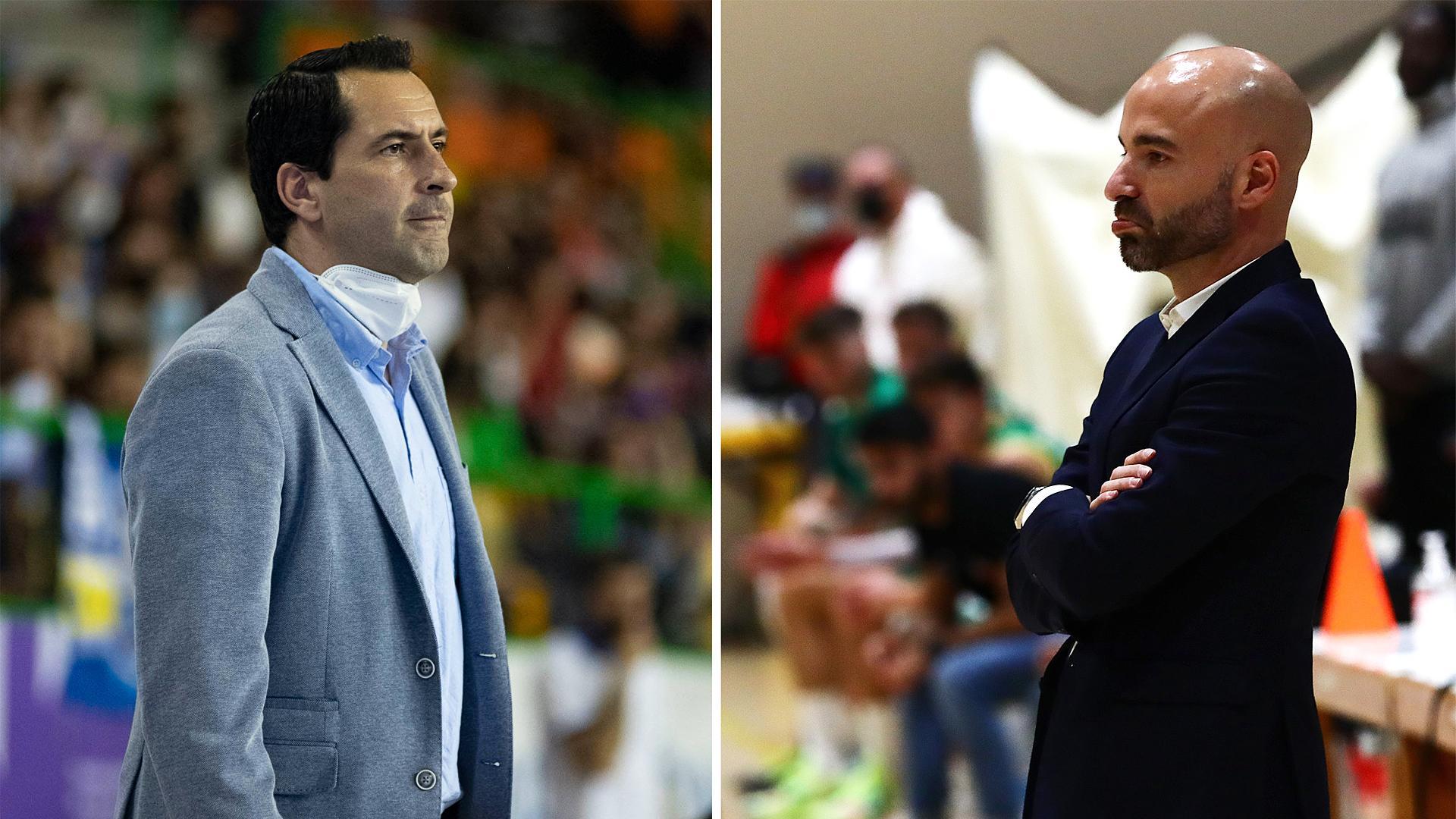Guillemo Arenas Milán, entrenador del Hereda Ourense (izda.) y Jordi Juste, entrenador del ENERparking Basket Navarra (dcha.)