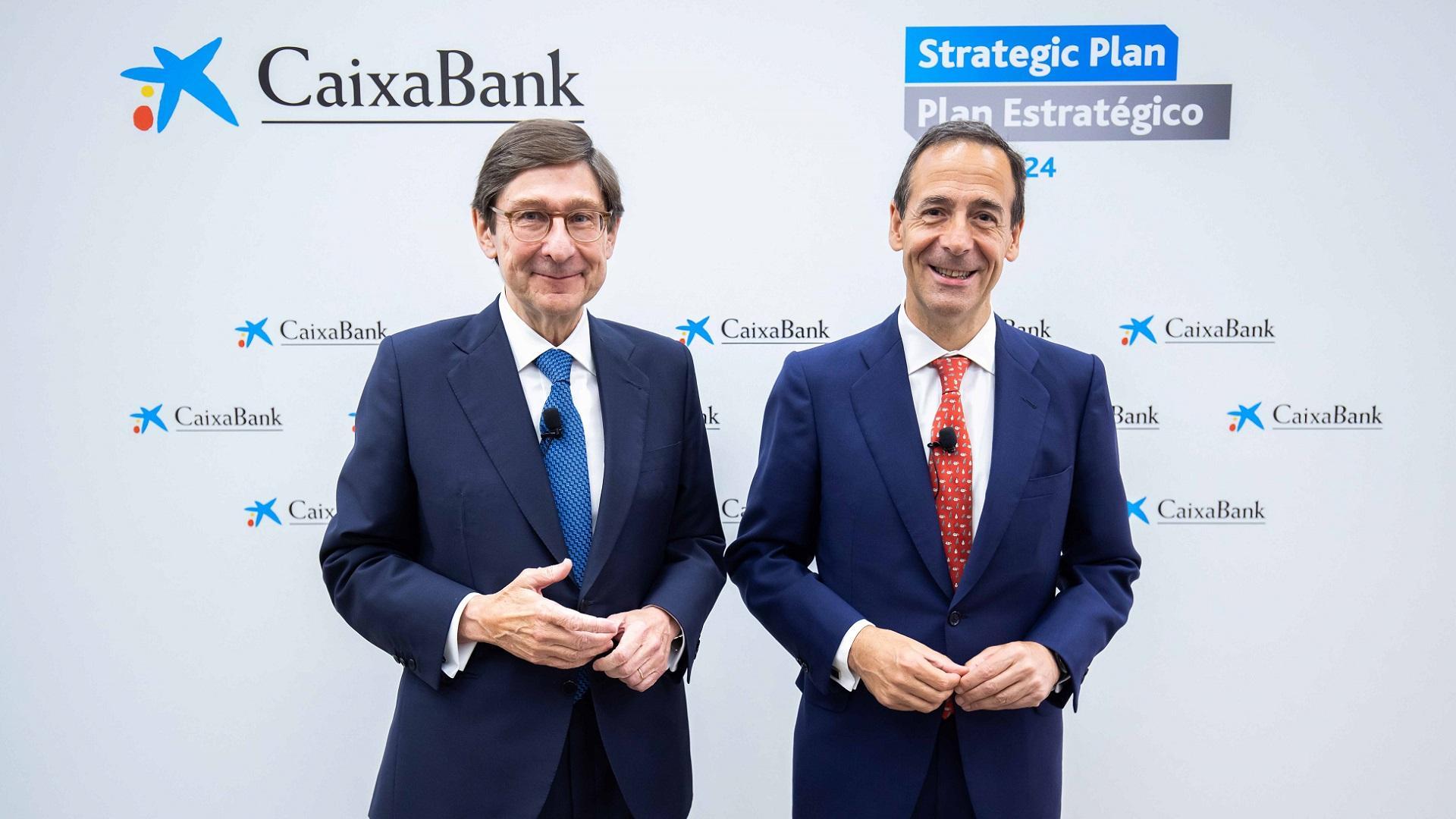 El presidente de CaixaBank, José Ignacio Goirigolzarri, y el CEO de la entidad, Gonzalo Gortázar, en la presentación que ha tenido lugar en la sede de CaixaBank en Madrid