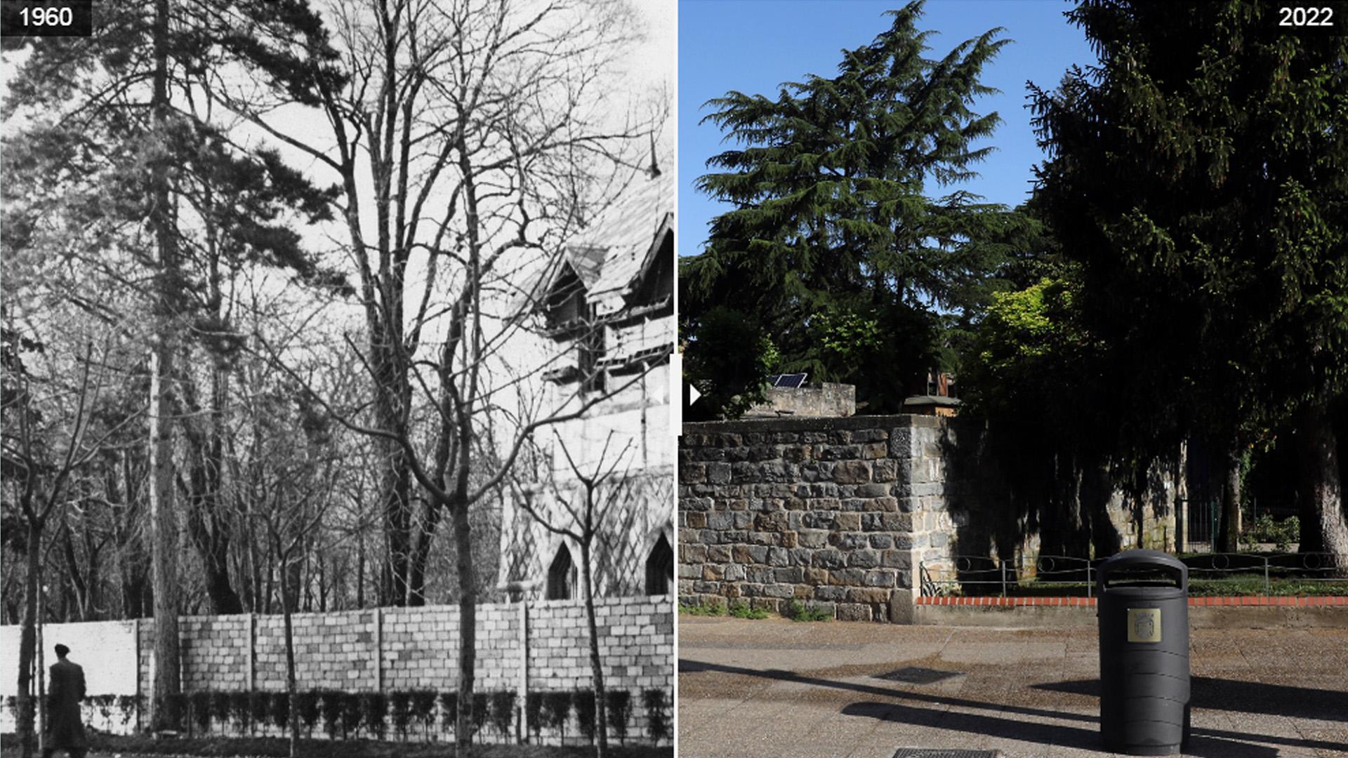 A la izquierda, el palomar con su transformador debajo en una imagen tomada poco antes de su demolición, en el año 1960, desde la calle Navas de Tolosa. En la actualidad en el espacio que ocupó aquel palomar se levantan parte de las instalaciones del hote