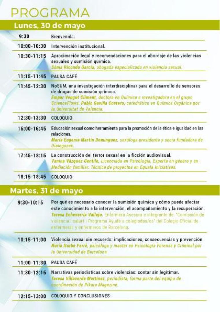 Programa de la jornada que analizará la sumisión química en la violencia sexual contra las mujeres, desde perspectivas legales, sociales, psicológicas o sanitarias