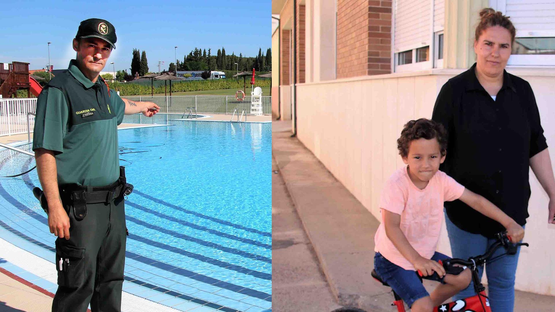 Ricardo Bodero señala la zona de la piscina de Milagro a la que se lanzó para rescatar al niño y Karima Samhi con su hijo Rayan ayer, ya recuperados del susto