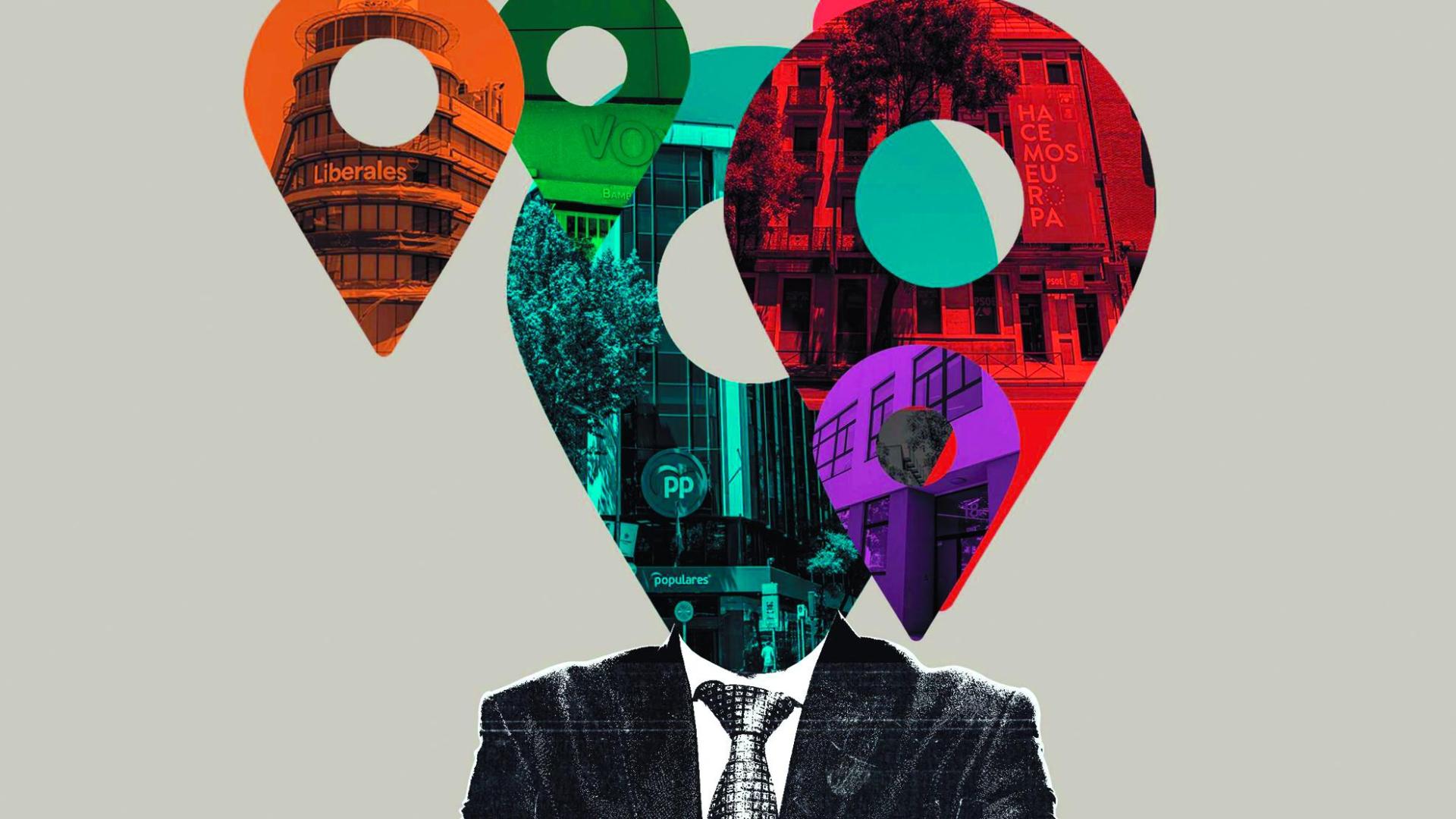 Ilustración con las sedes de los principales partidos políticos