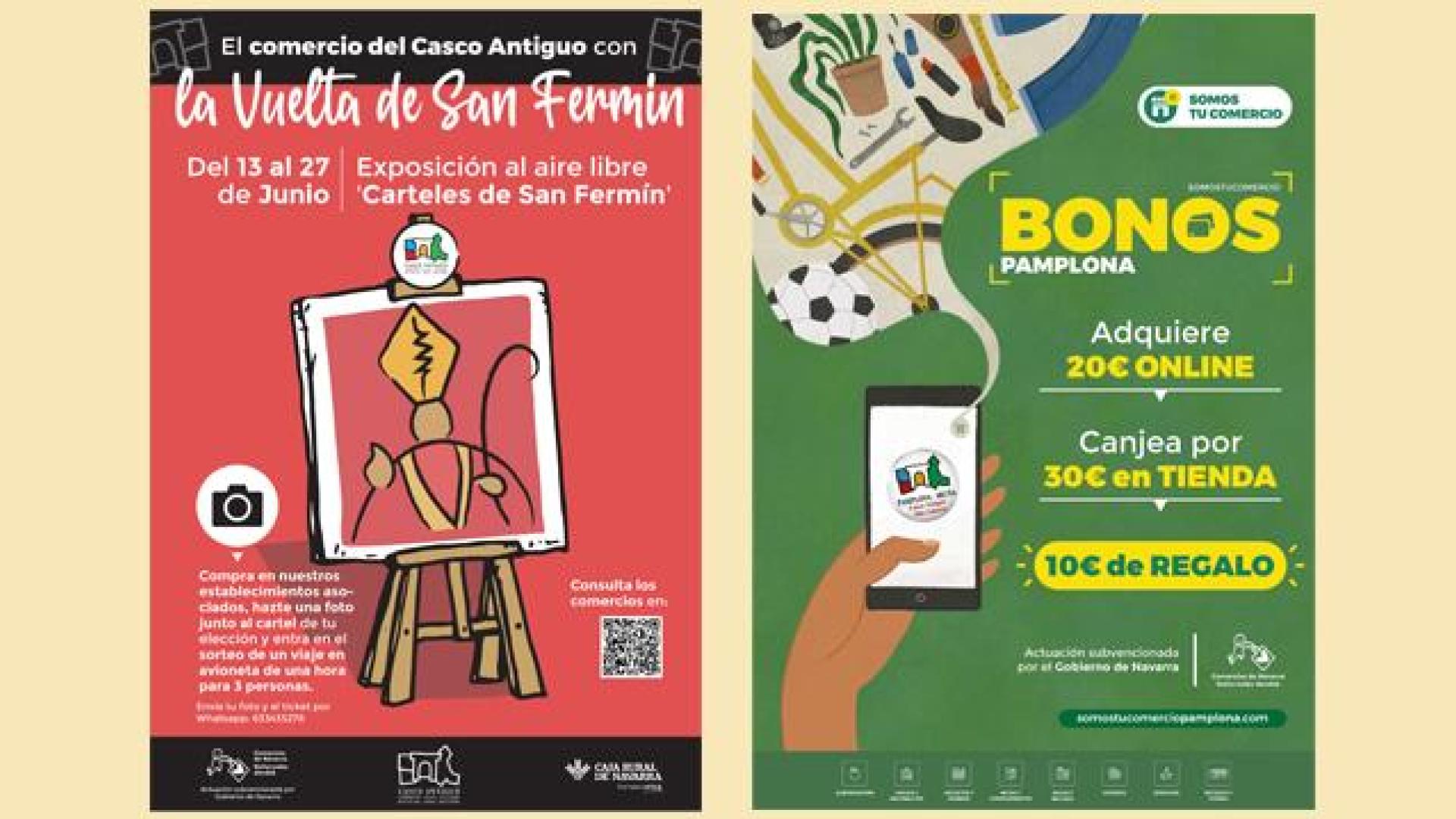 Cartel de la exposición de los carteles de San Fermín (izda) y cartel de la nueva campaña de bonos 'Somos tu Comercio Pamplona' (dcha)