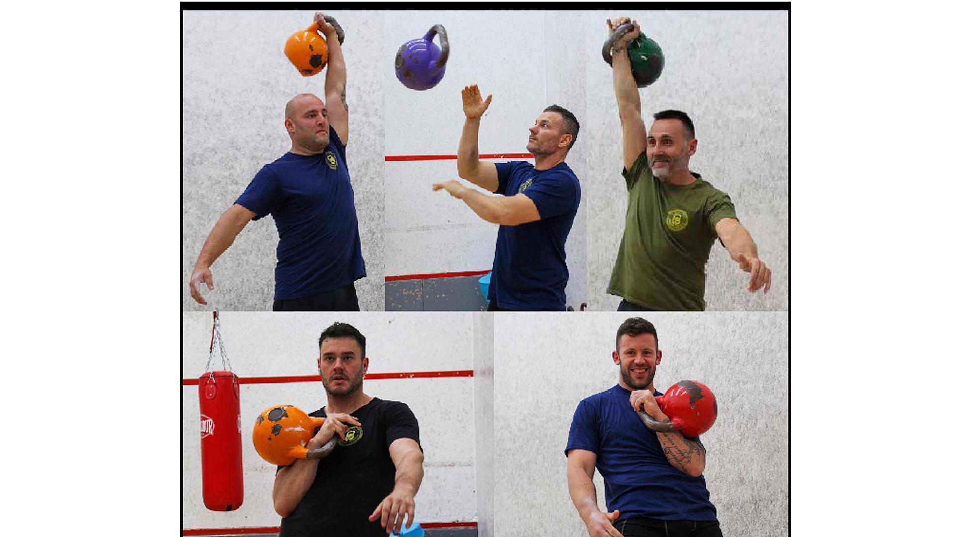De izq a dcha. Nelson Iban Salcedo, Eduardo Díez, entrenador del KTB Olympus, Patxi Ekiza, David González e Imanol Pedreño, campeones del mundo en Kettlebell entrenando en el polideportivo de Esquíroz