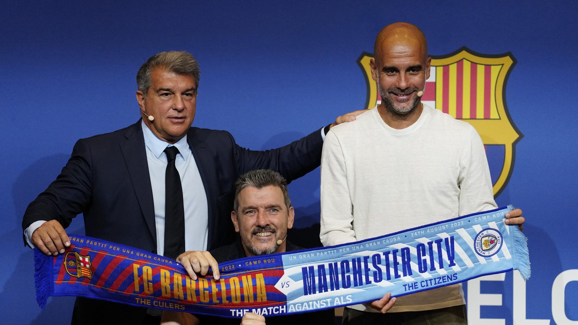 Laporta, Unzué y Guardiola, en la presentación del partido