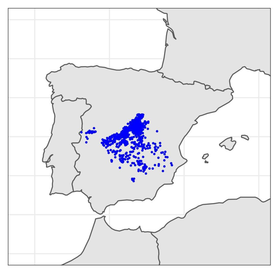 Localización de los 628 pueblos descritos por las Relaciones Topográficas y revisados por el equipo de la Estación Biológica de Doñana – CSIC