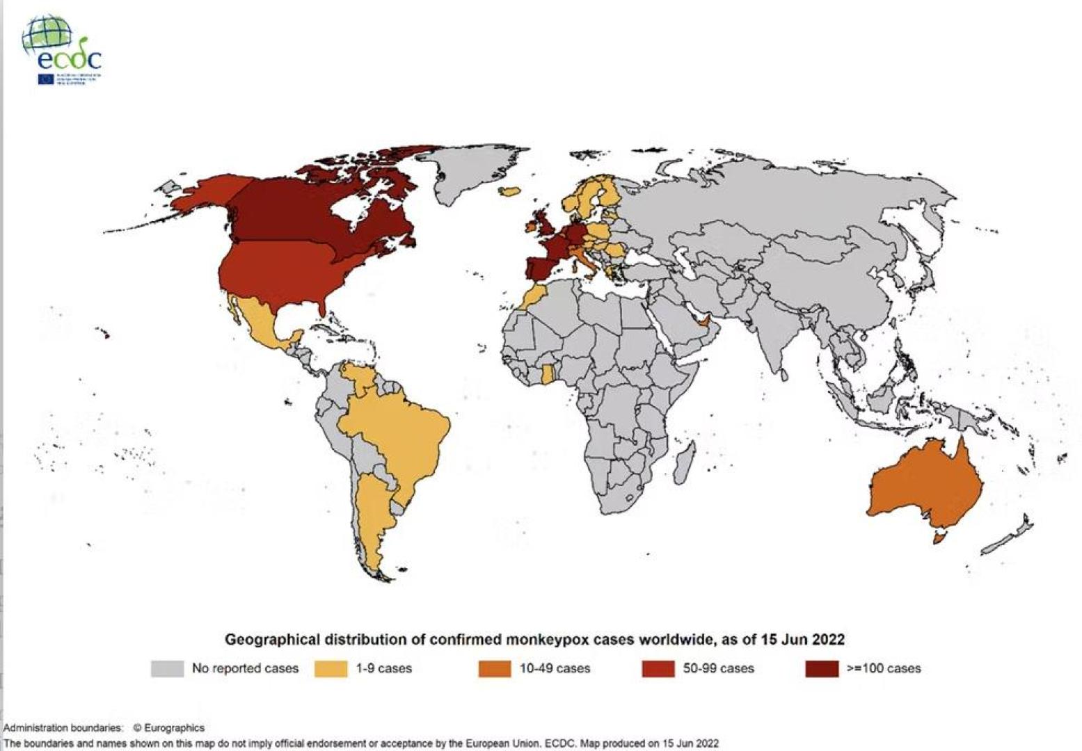 Distribución geográfica de los casos confirmados de viruela del simio a 15 de junio de 2022.
