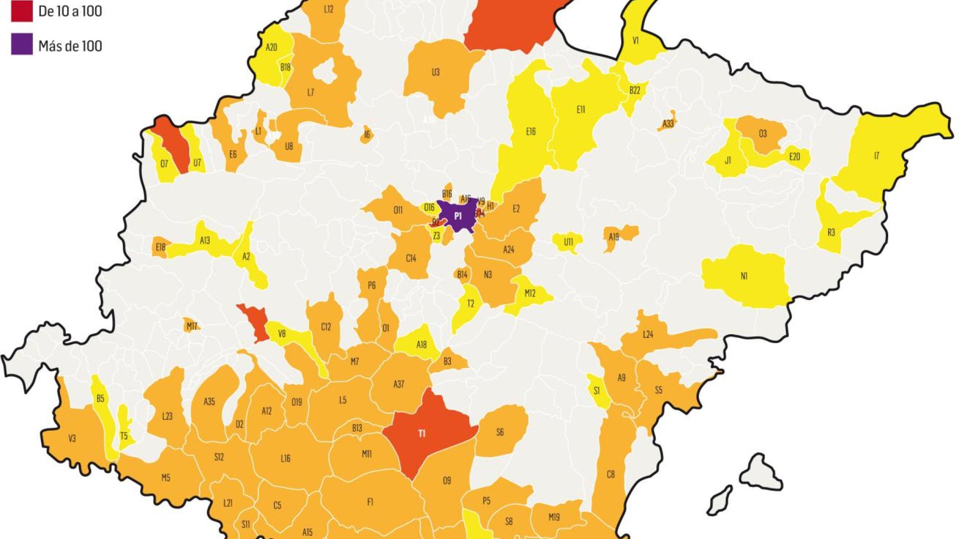 Mapa con el número de sucursales bancarias por municipio en Navarra