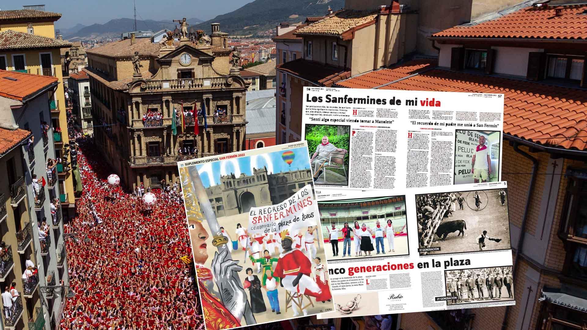 Aspecto de la portada y algunas páginas del suplemento sobre una imagen de la plaza Consistorial durante el Chupinazo