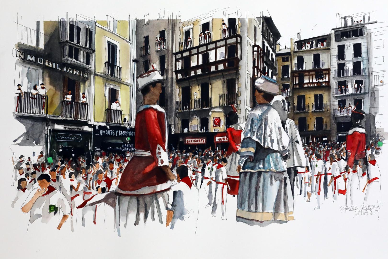 Las acuarelas de Iñaki Pardos también hacen un guiño a los Sanfermines.