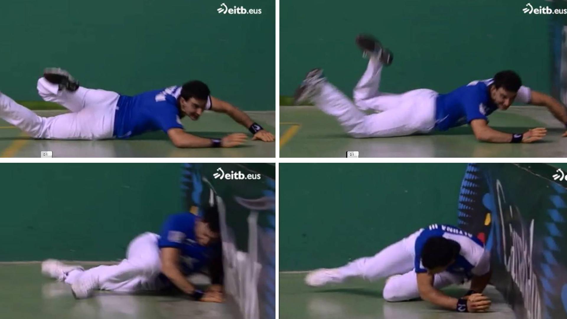 SIN PODER FRENAR. Jokin Altuna se tiró en plancha (foto 1 ) para tratar de restar una paradita al txoko de Ezkurdia. Tras golpear a la pelota y fruto de la velocidad no pudo parar el impacto contra el frontis (foto 2), que le afectó sobre todo a la cabeza y hombro izquierdo (foto 3) y rebotó de la pared (foto 4). Aún así consiguió terminar el  partido
