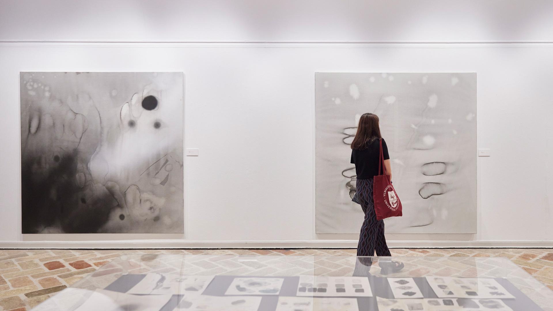 Una persona contempla dos obras de gran formato de la exposición de Naroa Armendáriz en el polvorín.